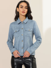 Faux Suede Turn-Down Collar Flap Pocket Snap Button Jacket