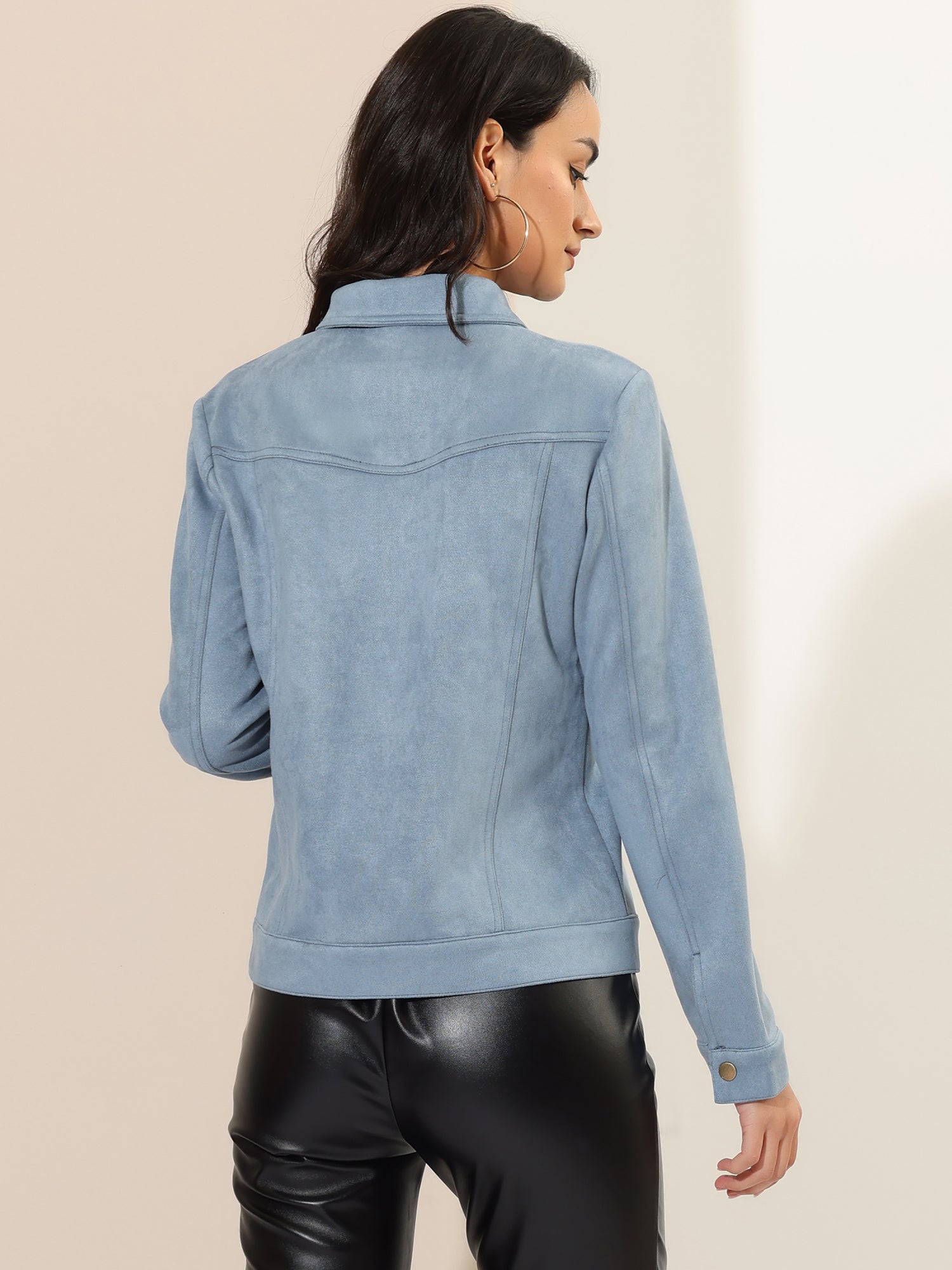 Faux Suede Turn-Down Collar Flap Pocket Snap Button Jacket