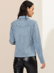 Faux Suede Turn-Down Collar Flap Pocket Snap Button Jacket