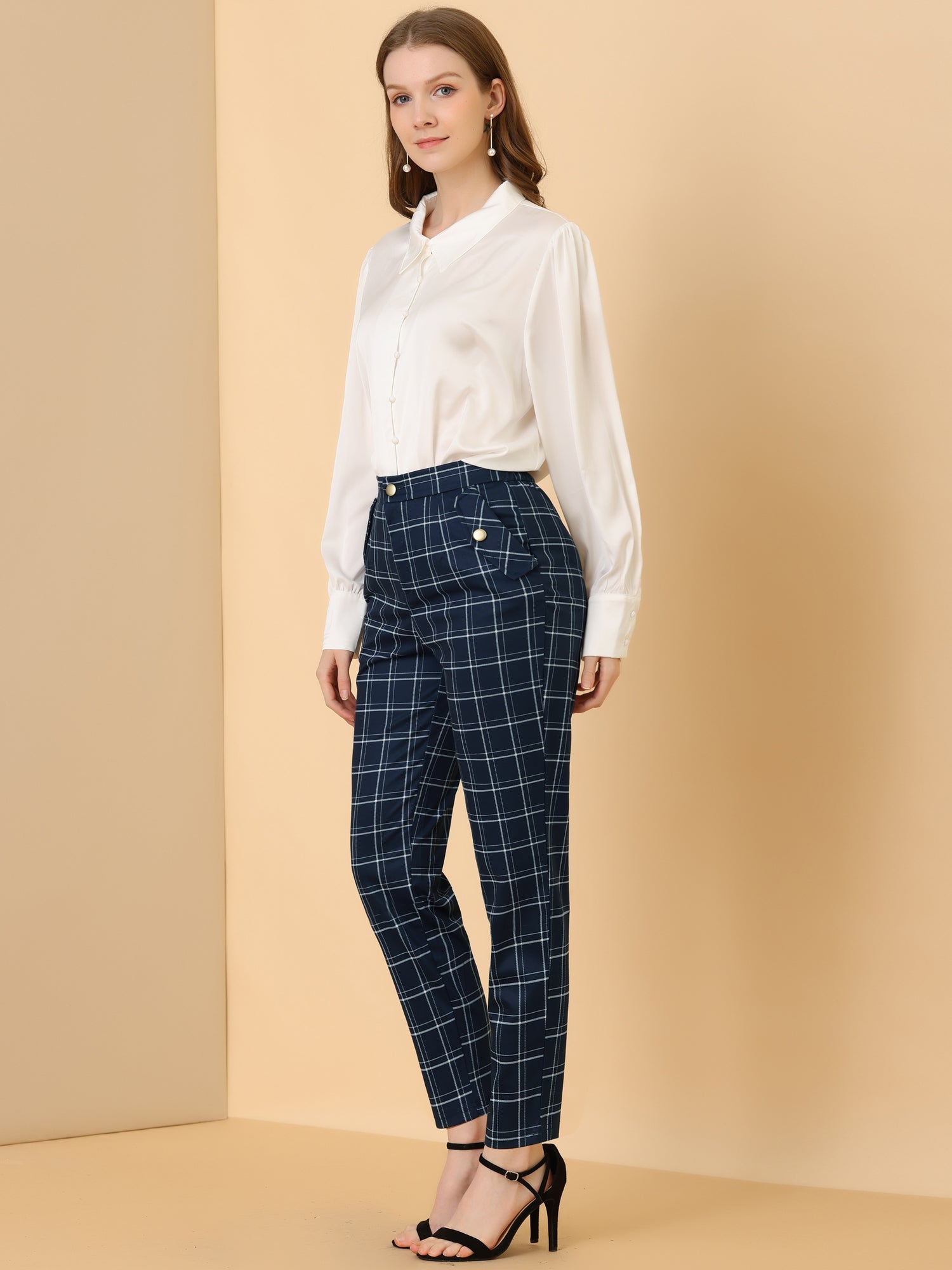 Vintage Tartan Plaid Pants Elastic Waist Straight Long Trousers