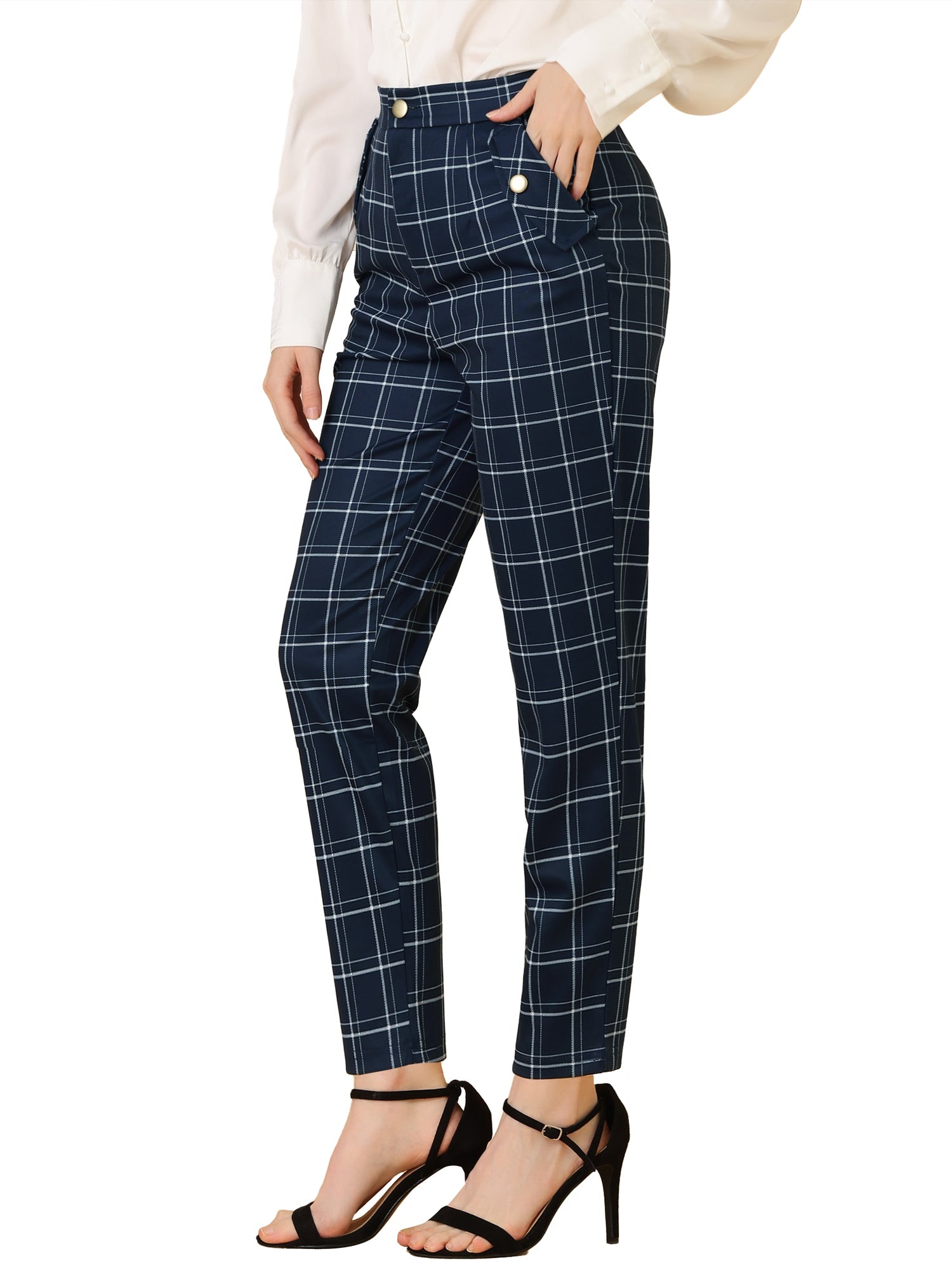 Vintage Tartan Plaid Pants Elastic Waist Straight Long Trousers