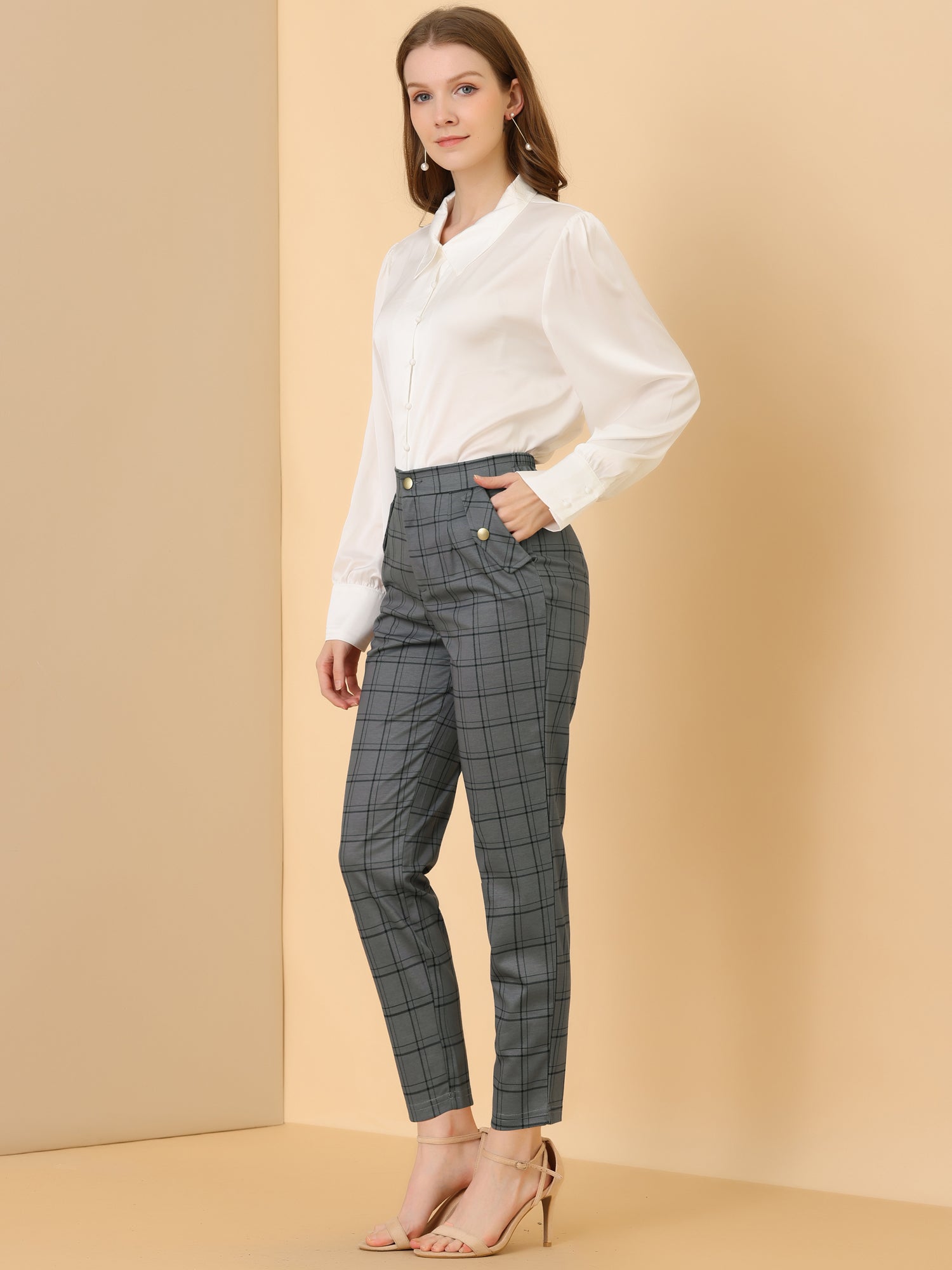 Vintage Tartan Plaid Pants Elastic Waist Straight Long Trousers