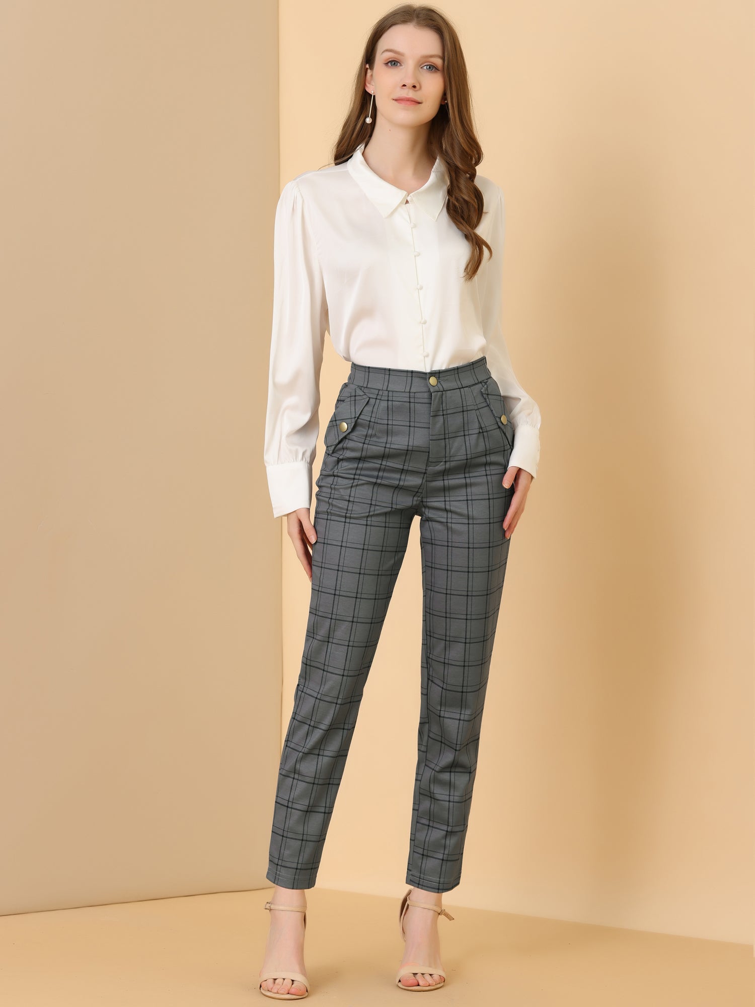 Vintage Tartan Plaid Pants Elastic Waist Straight Long Trousers