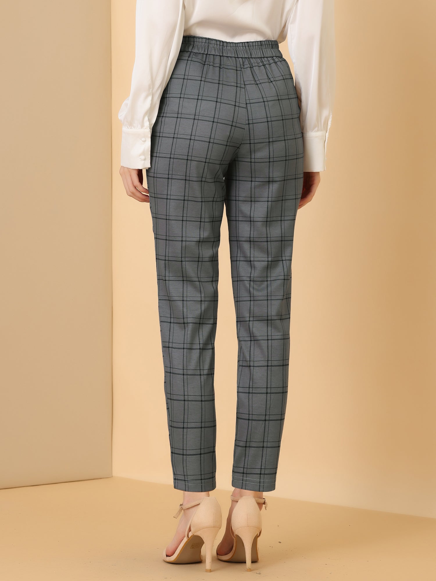 Vintage Tartan Plaid Pants Elastic Waist Straight Long Trousers
