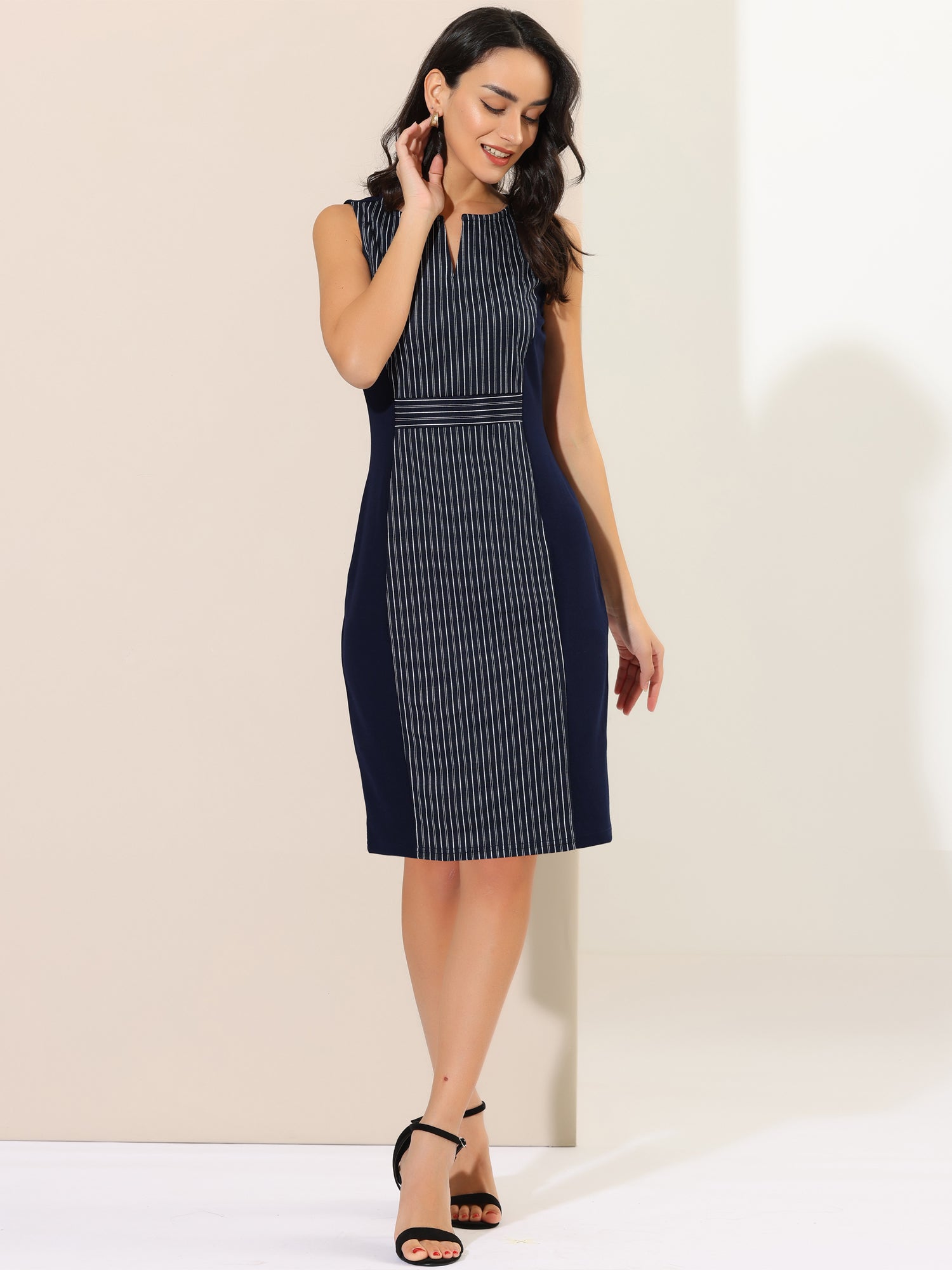 Sheath Striped Work Office Sleeveless Bodycon Pencil Dress