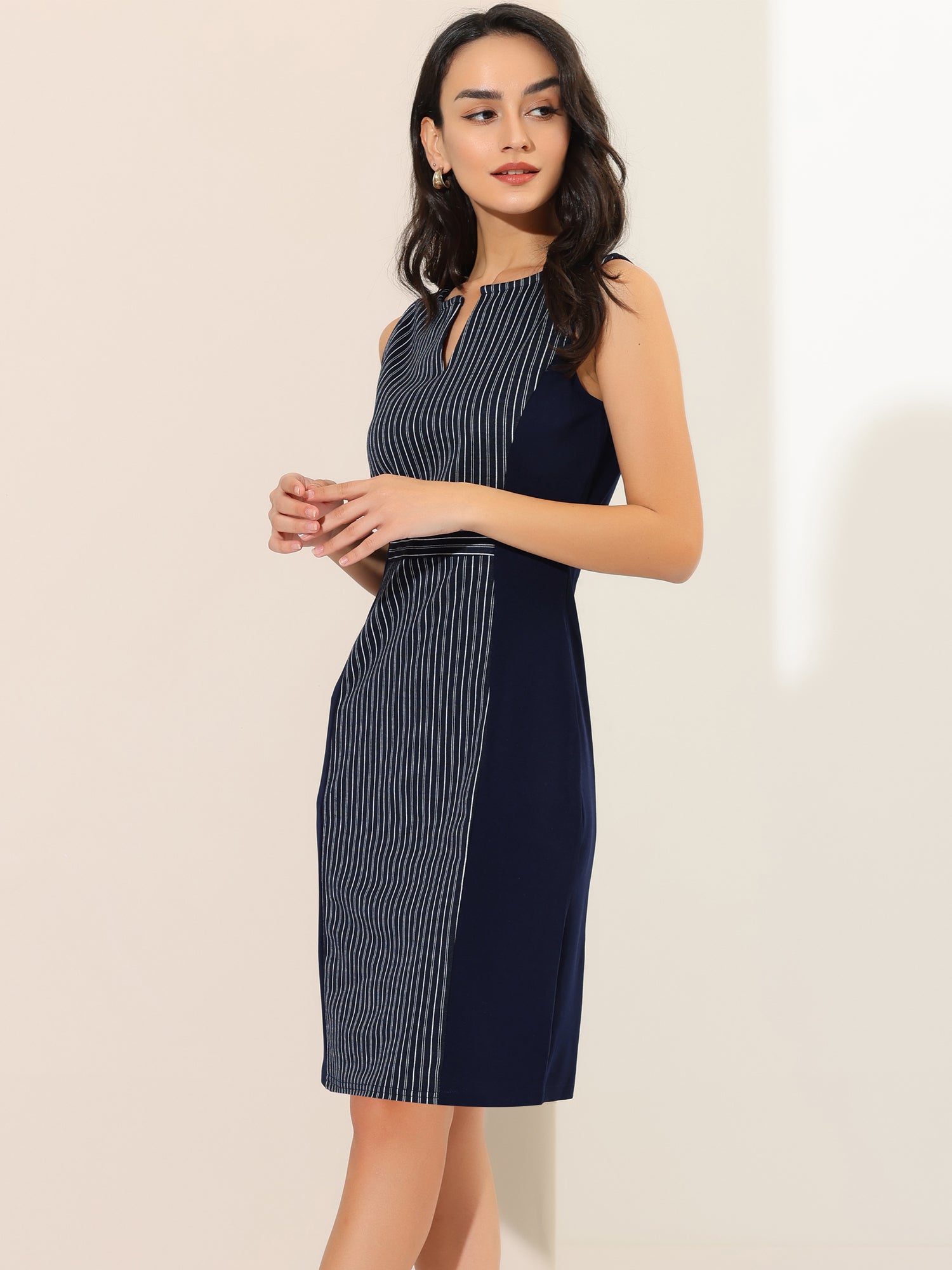 Sheath Striped Work Office Sleeveless Bodycon Pencil Dress