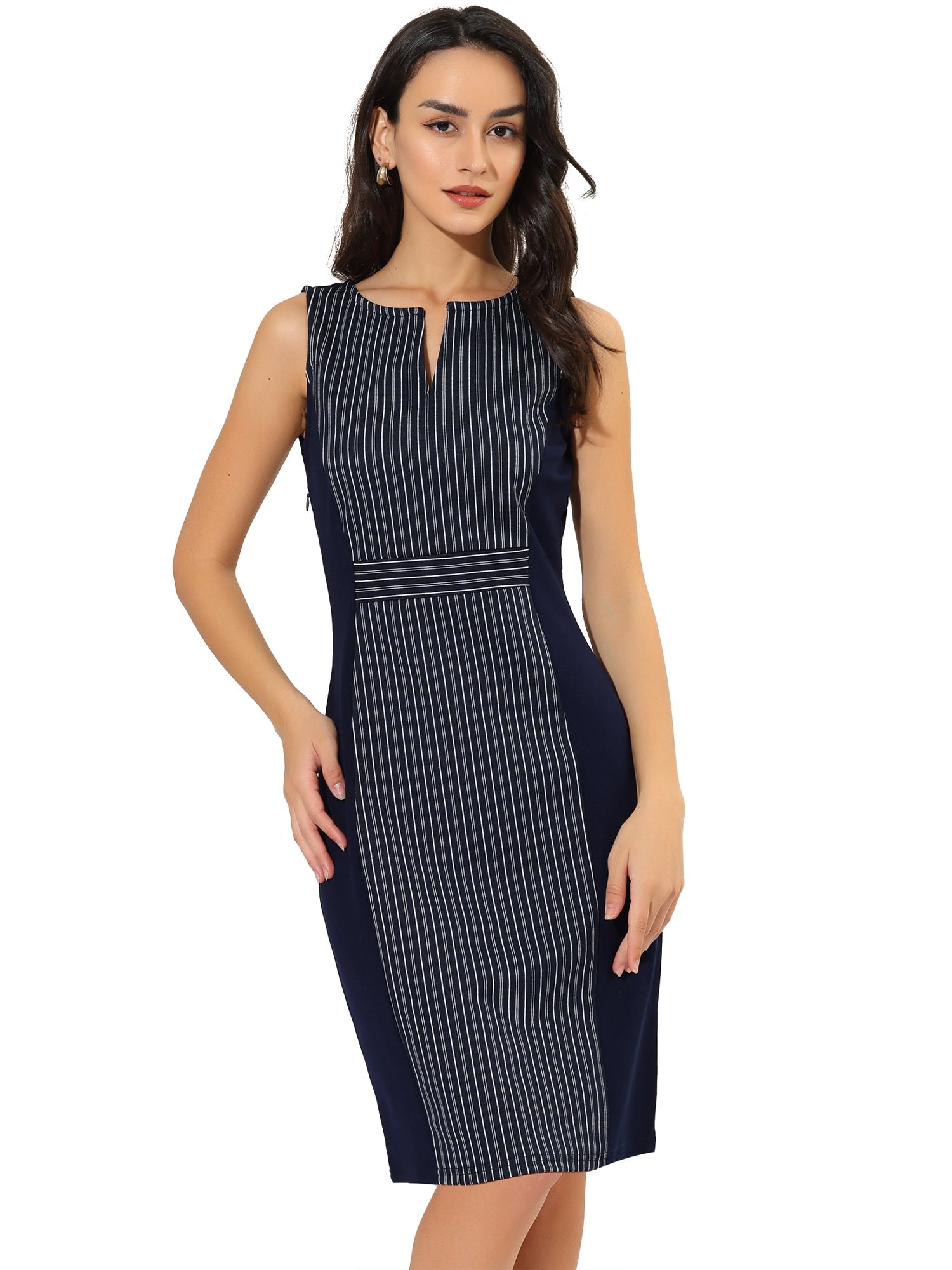 Sheath Striped Work Office Sleeveless Bodycon Pencil Dress