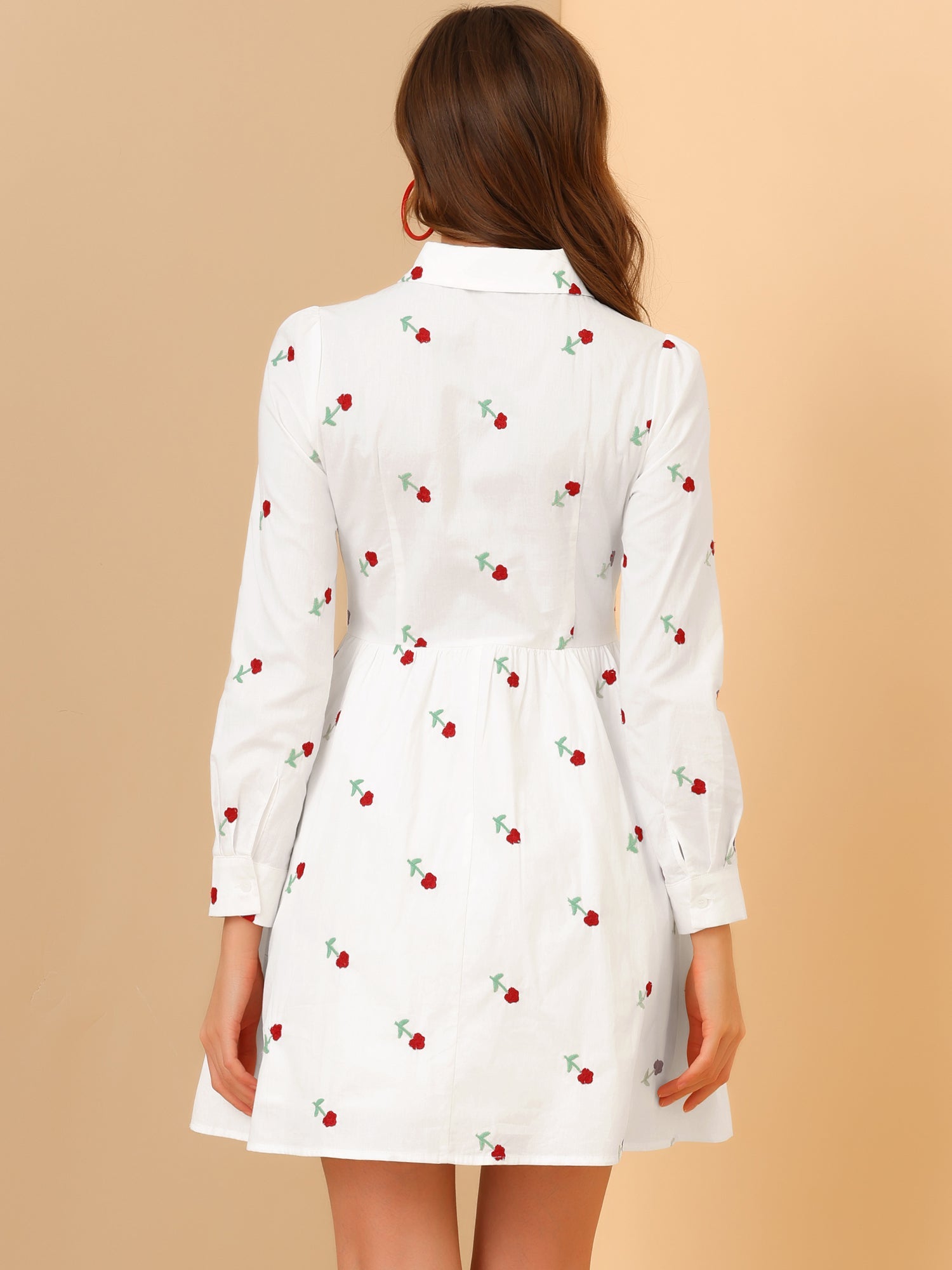 Casual Long Sleeve Half Placket Embroidered Floral Mini Shirt Dress
