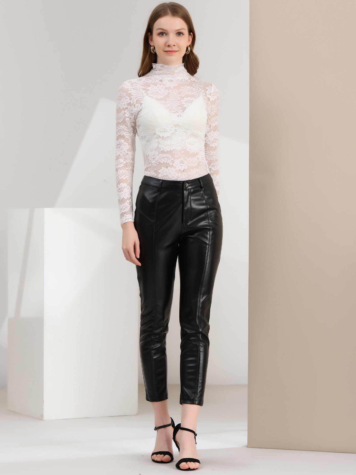 See Through Long Sleeve Turtleneck Sheer Floral Lace Blouse