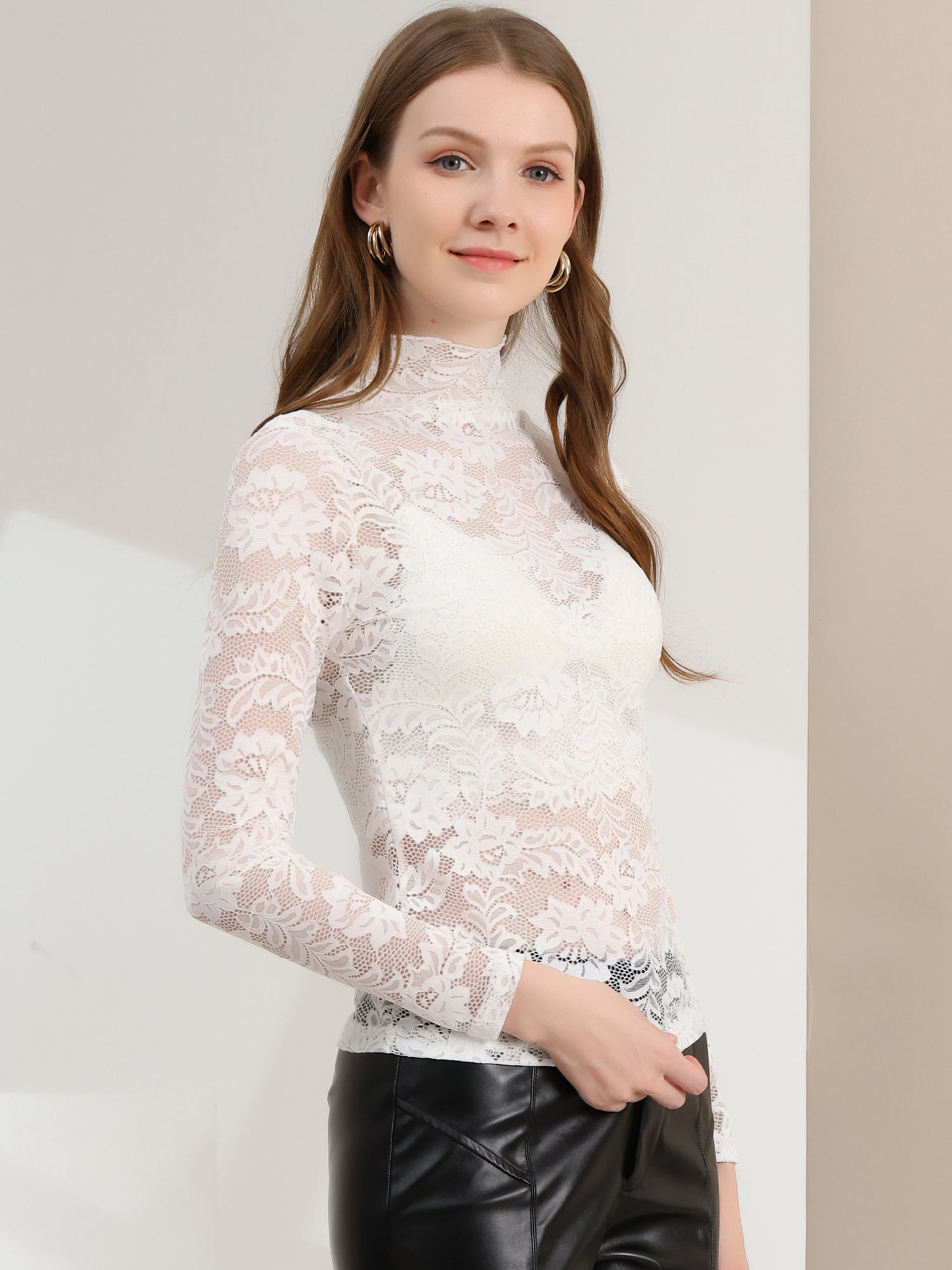 See Through Long Sleeve Turtleneck Sheer Floral Lace Blouse