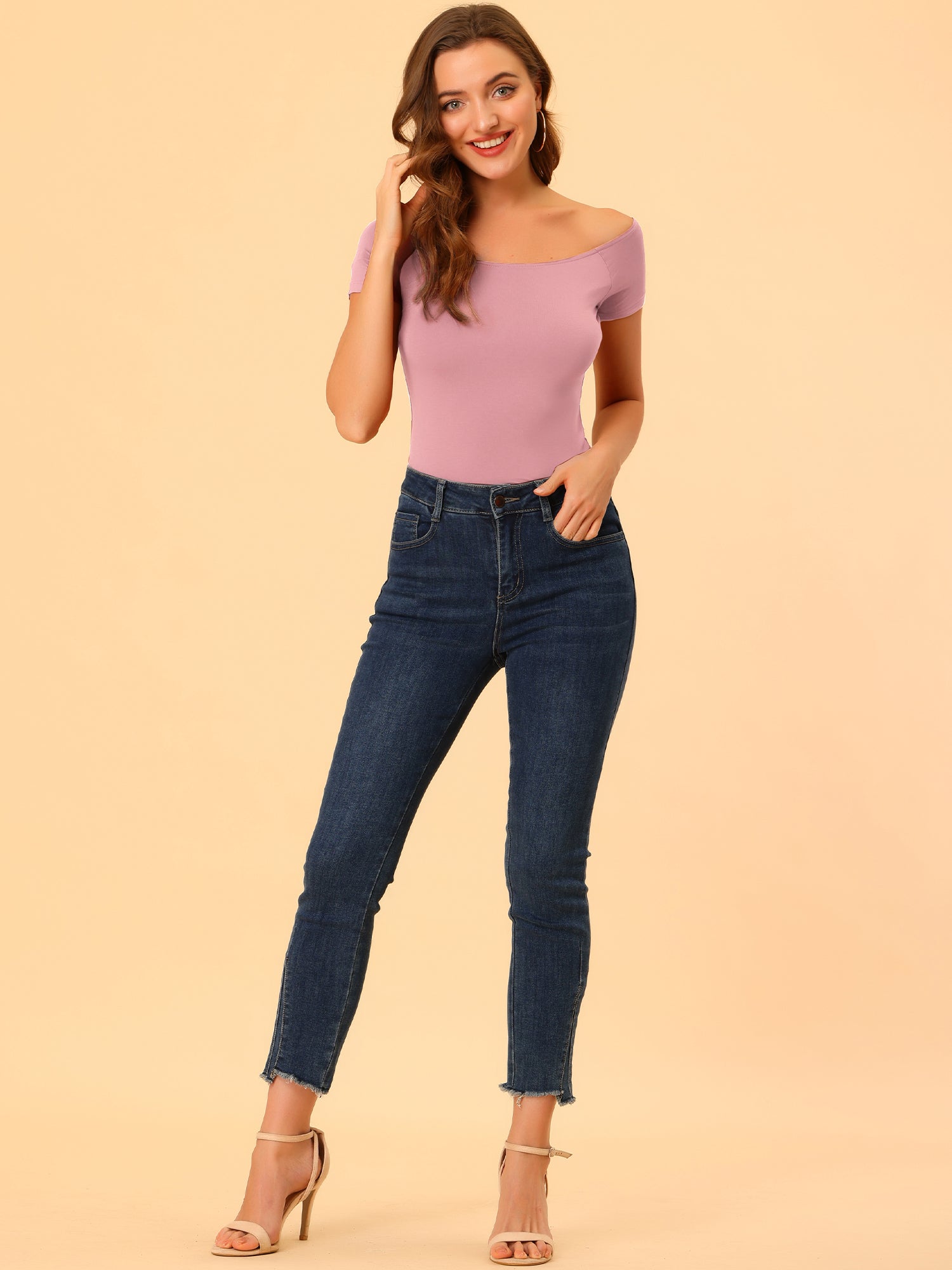 Off Shoulder Short Sleeve Solid Basic Sexy Slim Fit Blouse