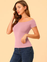 Off Shoulder Short Sleeve Solid Basic Sexy Slim Fit Blouse