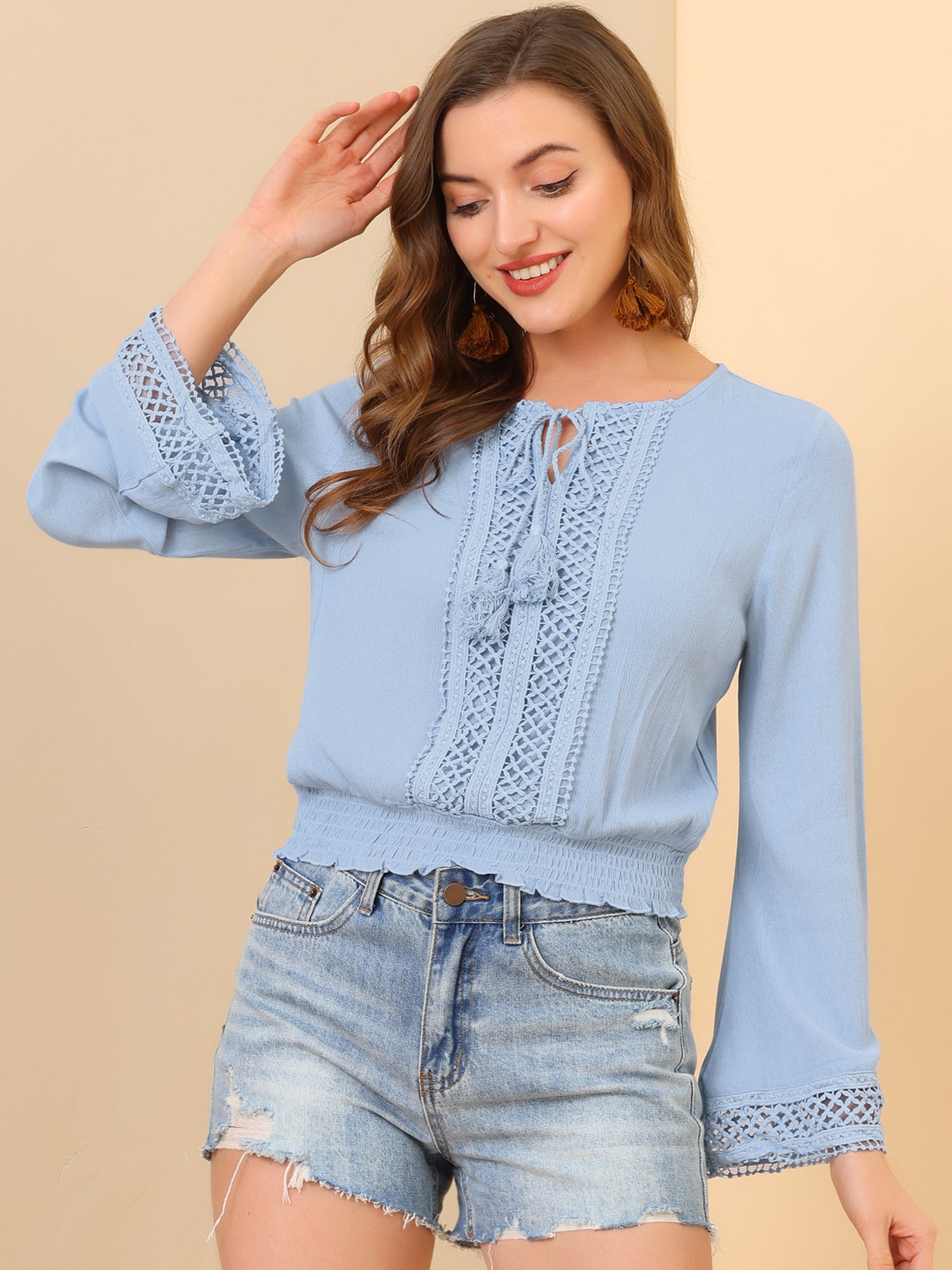 Boho Beach Blouse Bell Sleeve Lace Trim Tie Neck Peasant Smocked Top