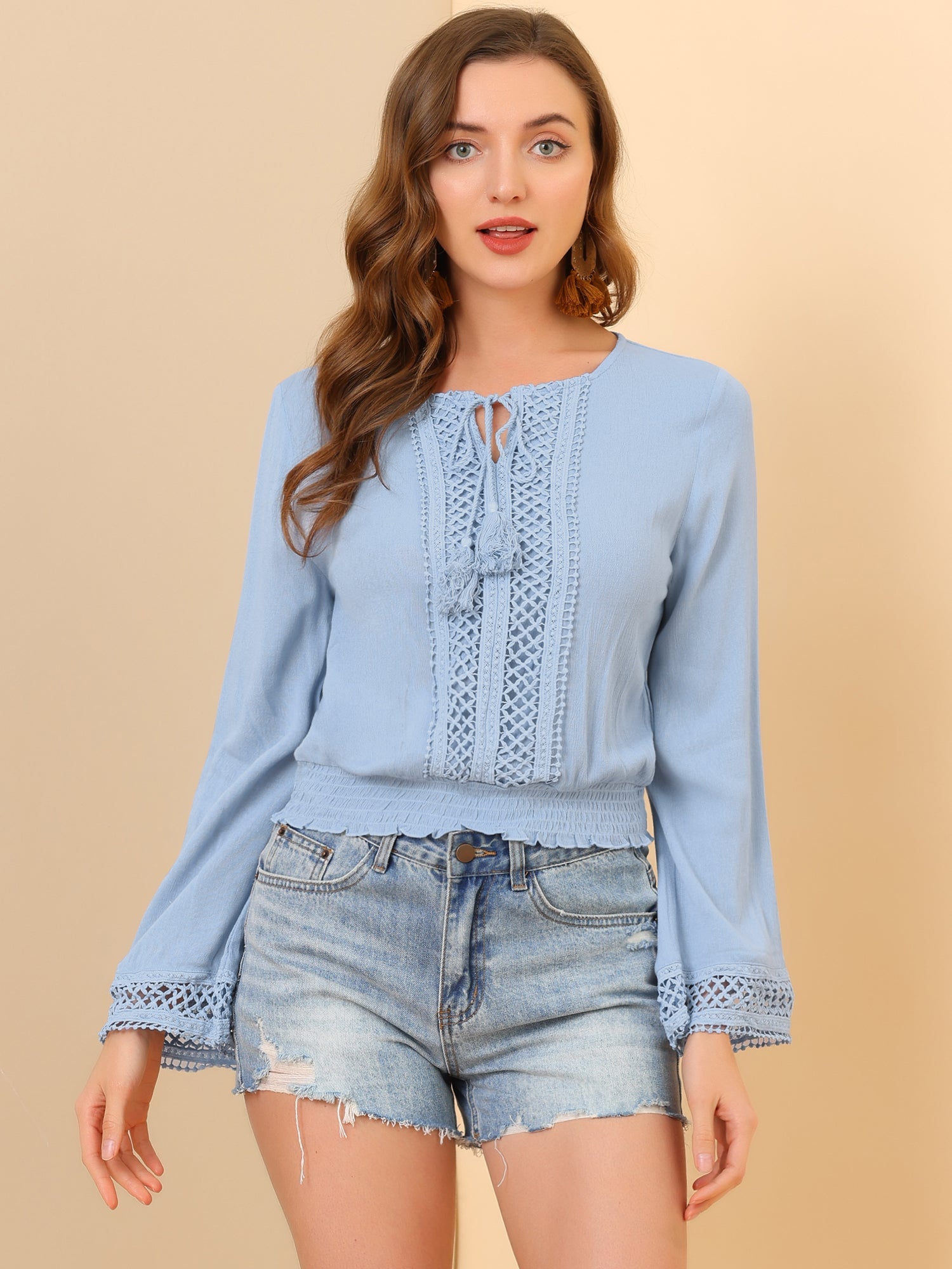 Boho Beach Blouse Bell Sleeve Lace Trim Tie Neck Peasant Smocked Top