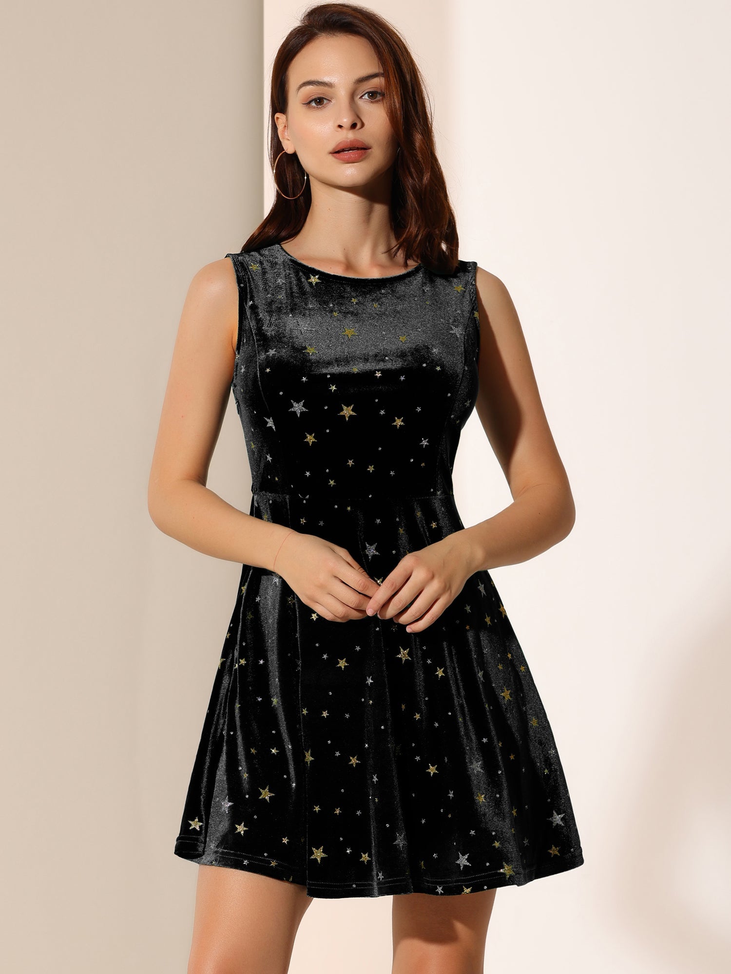 Shiny Stars Print Sleeveless Swing Mini Velvet Dress