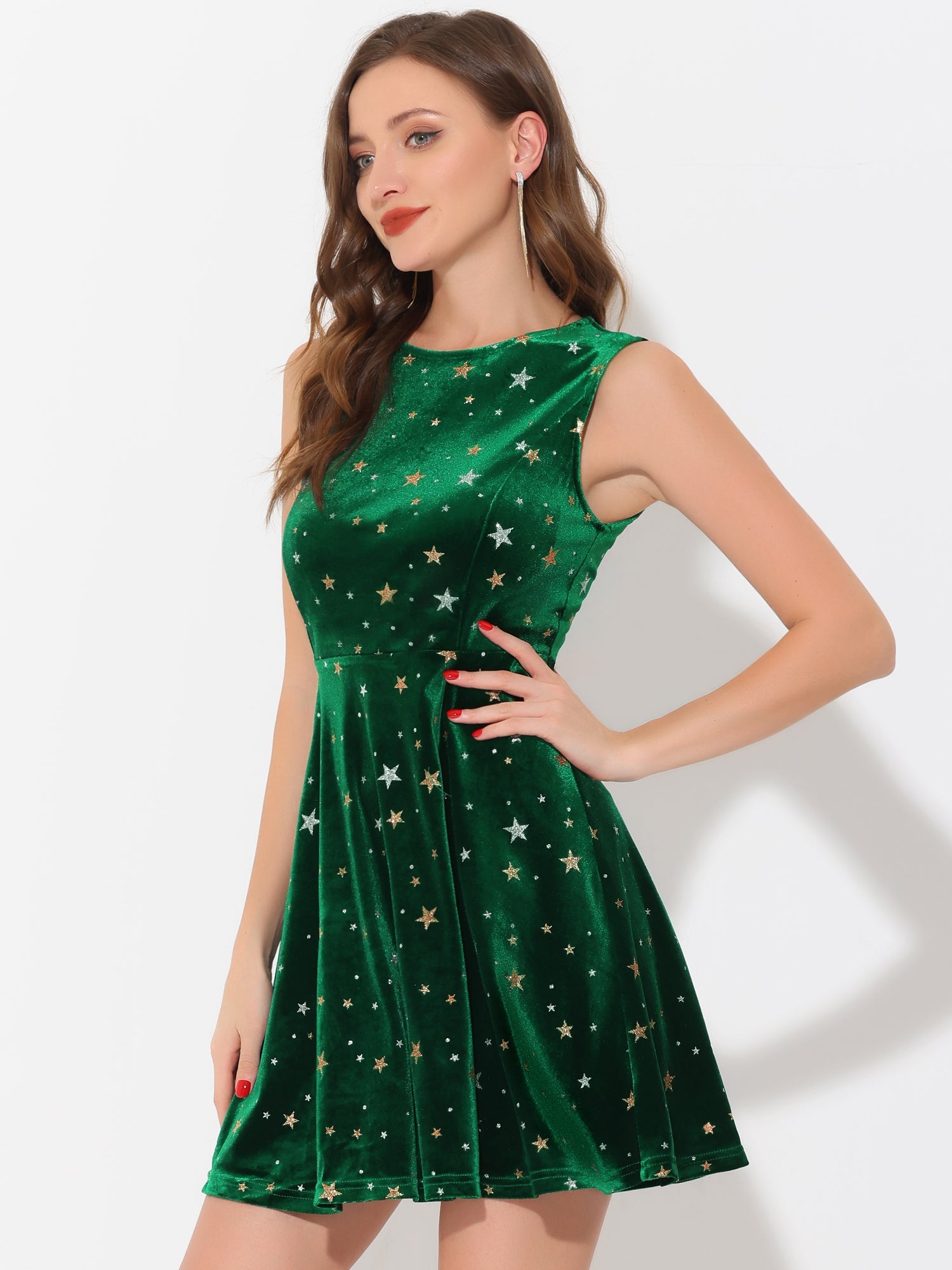 Shiny Stars Print Sleeveless Swing Mini Velvet Dress