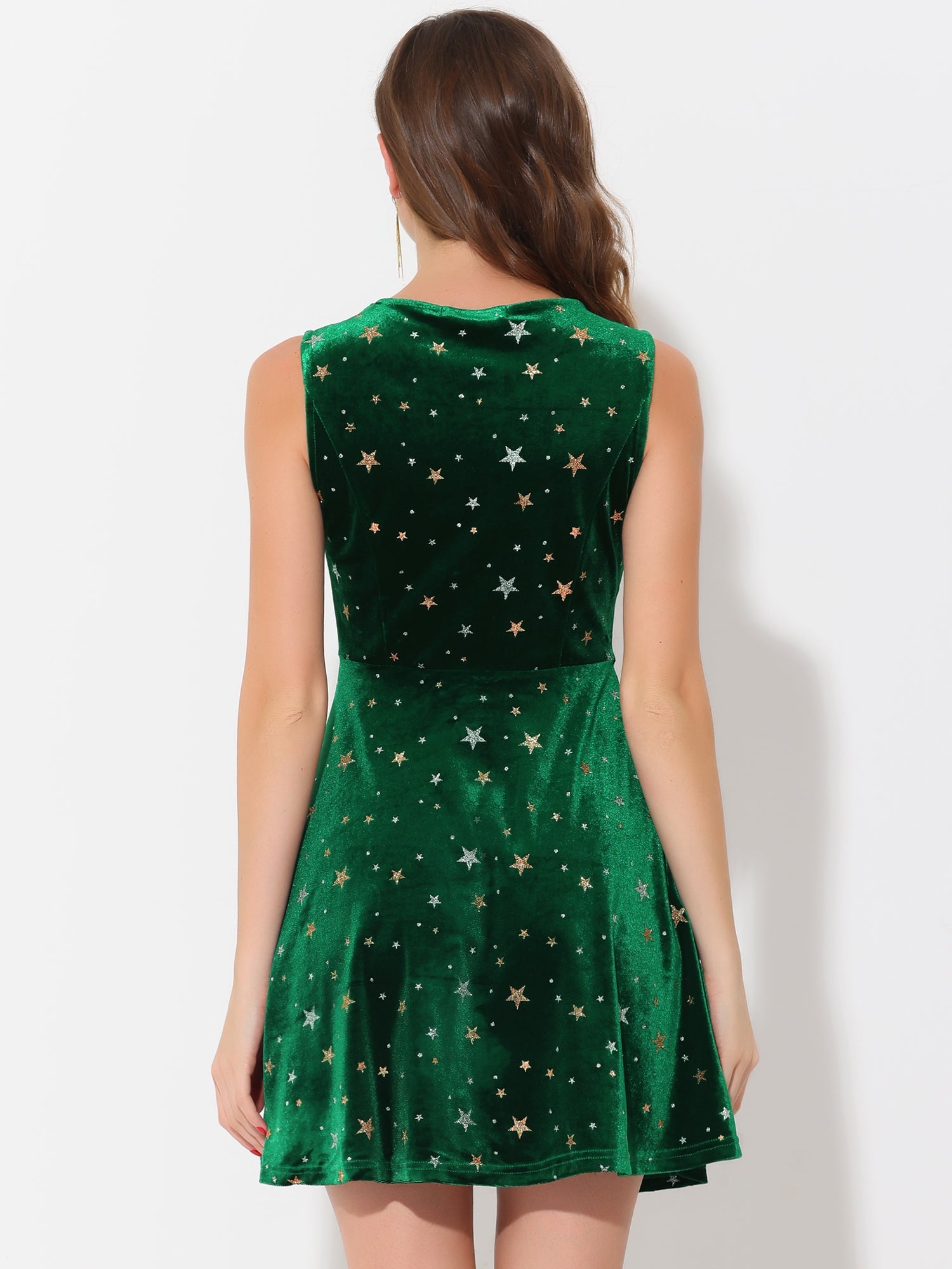 Shiny Stars Print Sleeveless Swing Mini Velvet Dress