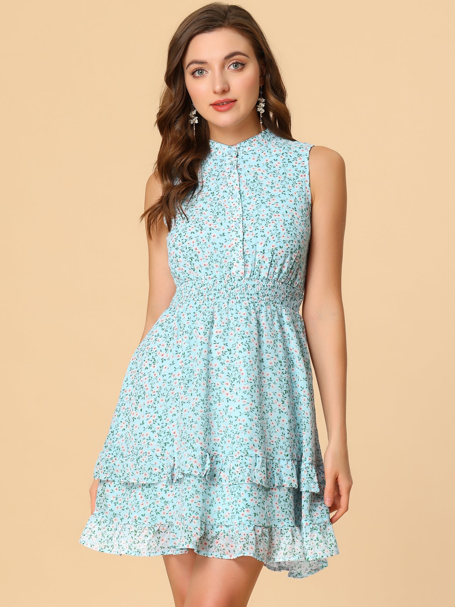 Floral A-line Smocked Waist Tiered Ruffled Chiffon Mini Dress