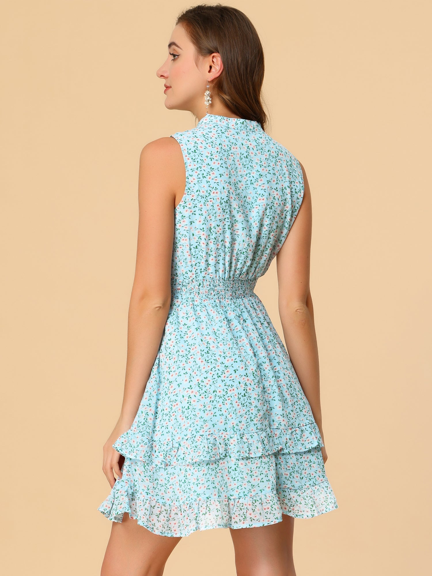 Floral A-line Smocked Waist Tiered Ruffled Chiffon Mini Dress