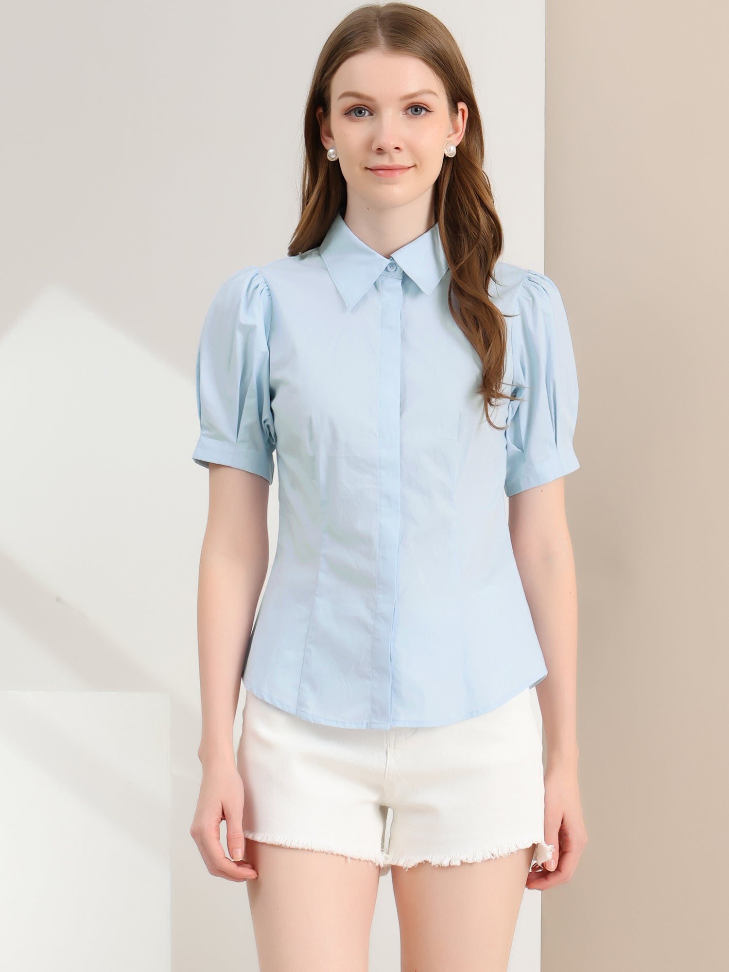 Puff Sleeve Collared Cotton Work Office Button Down Shirt