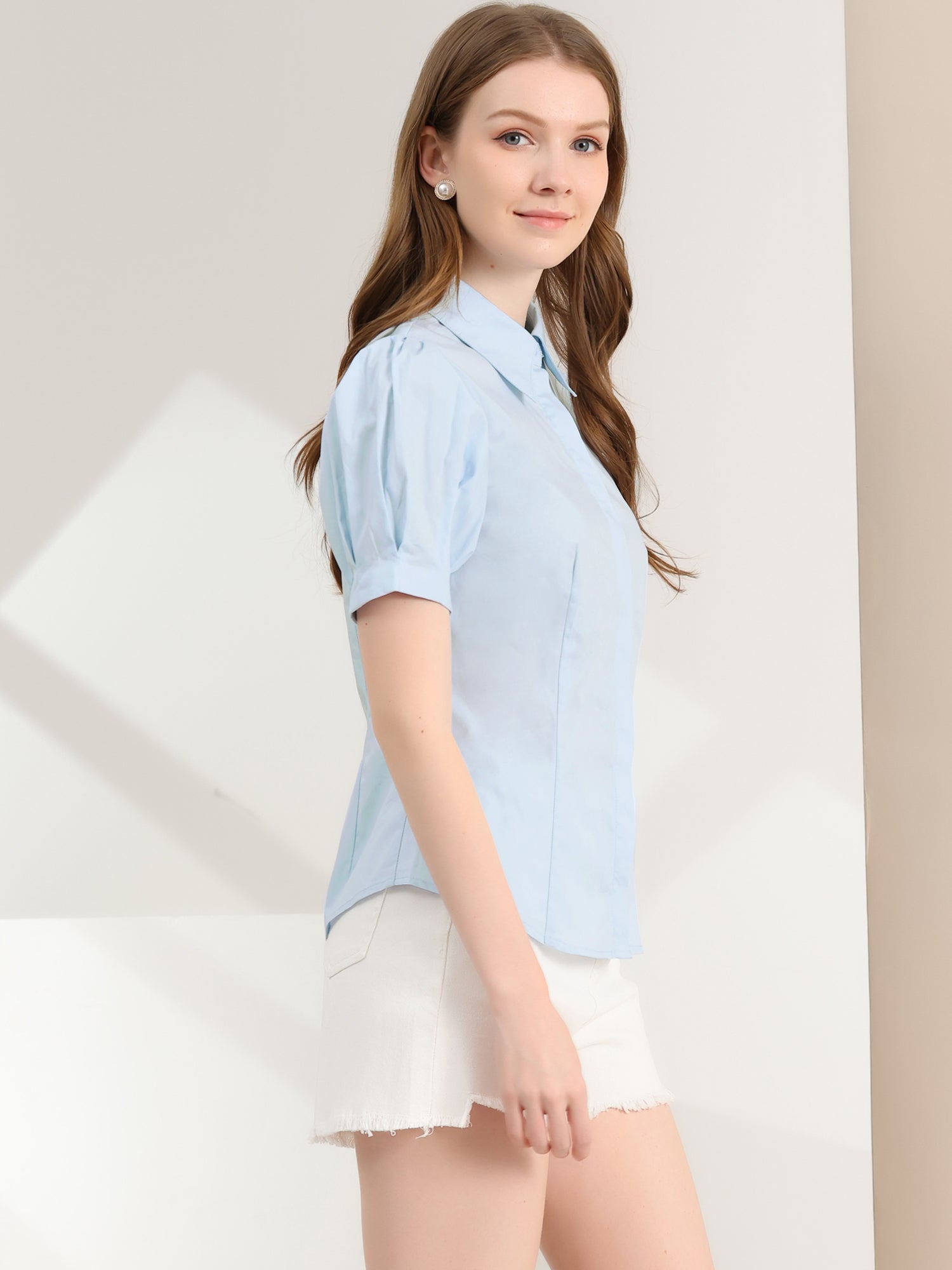 Puff Sleeve Collared Cotton Work Office Button Down Shirt