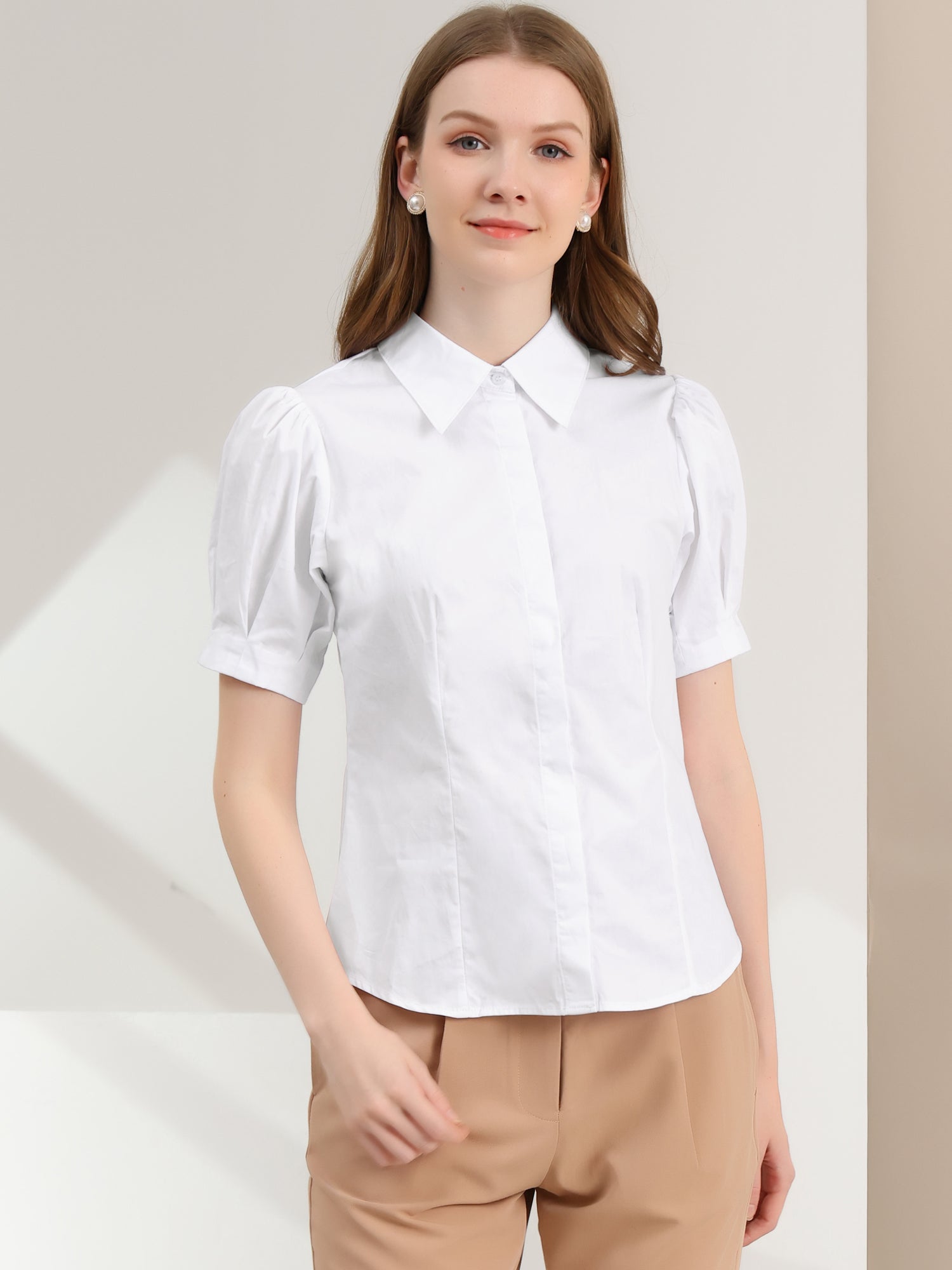 Puff Sleeve Collared Cotton Work Office Button Down Shirt