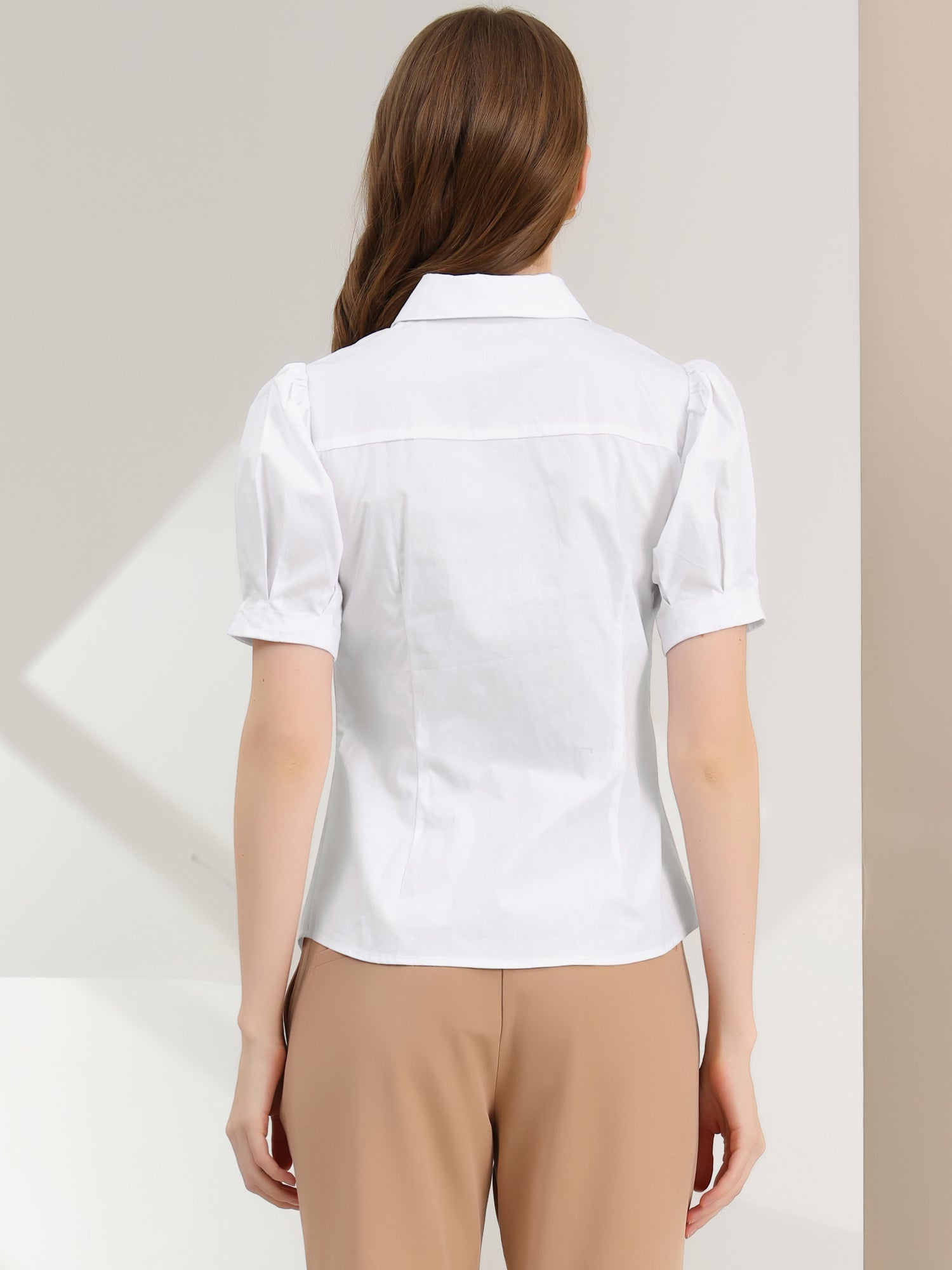 Puff Sleeve Collared Cotton Work Office Button Down Shirt
