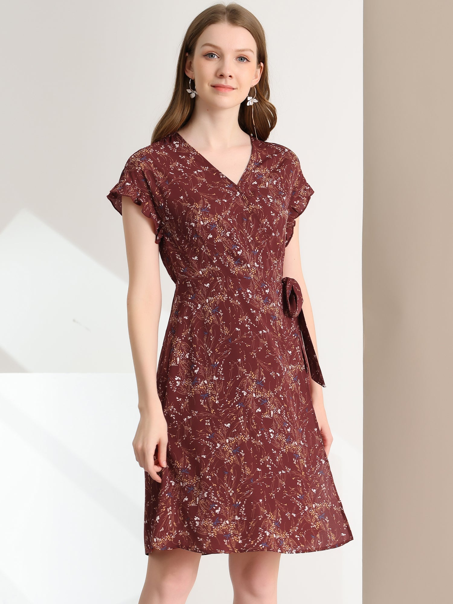 Ditsy Floral V Neck Ruffle Flutter Sleeve Midi Wrap Dress