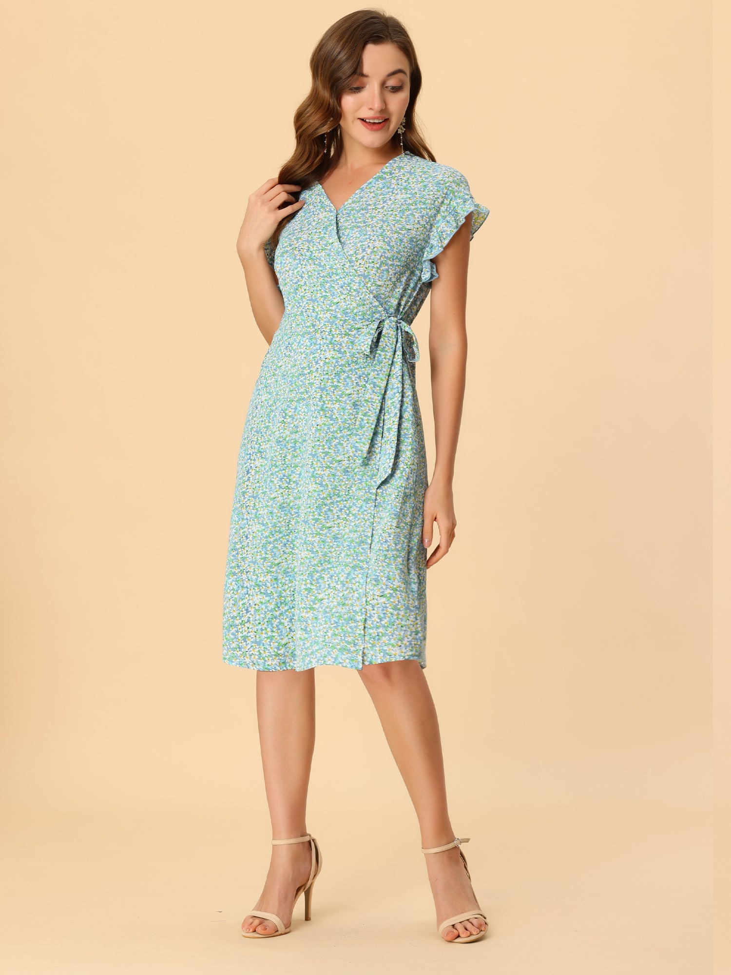 Ditsy Floral V Neck Ruffle Flutter Sleeve Midi Wrap Dress