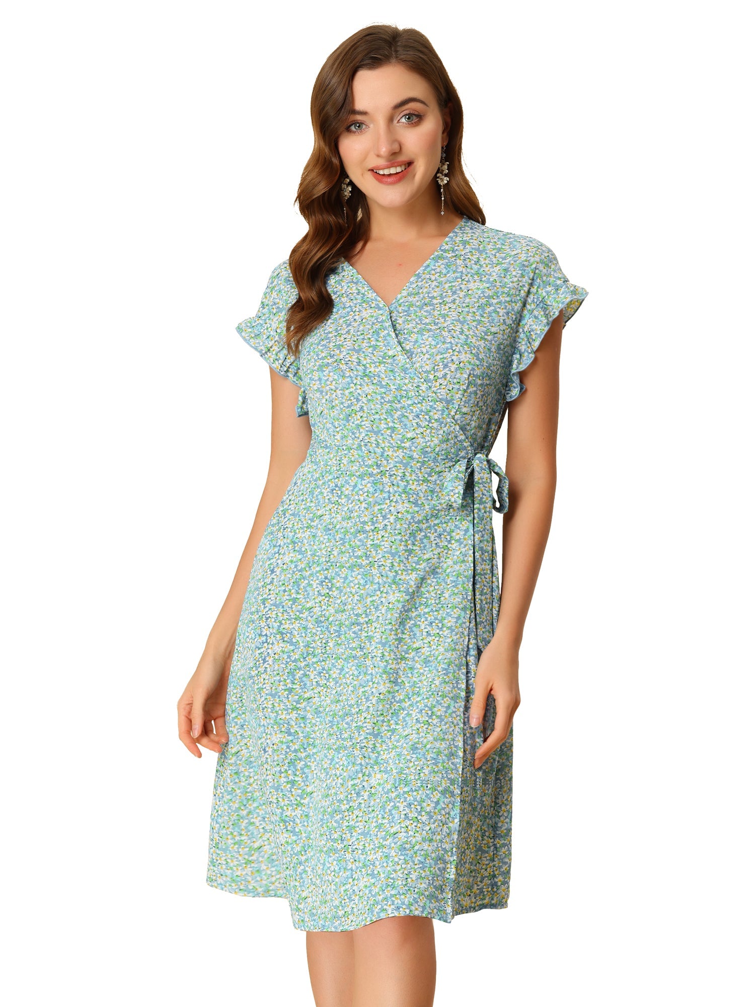 Ditsy Floral V Neck Ruffle Flutter Sleeve Midi Wrap Dress