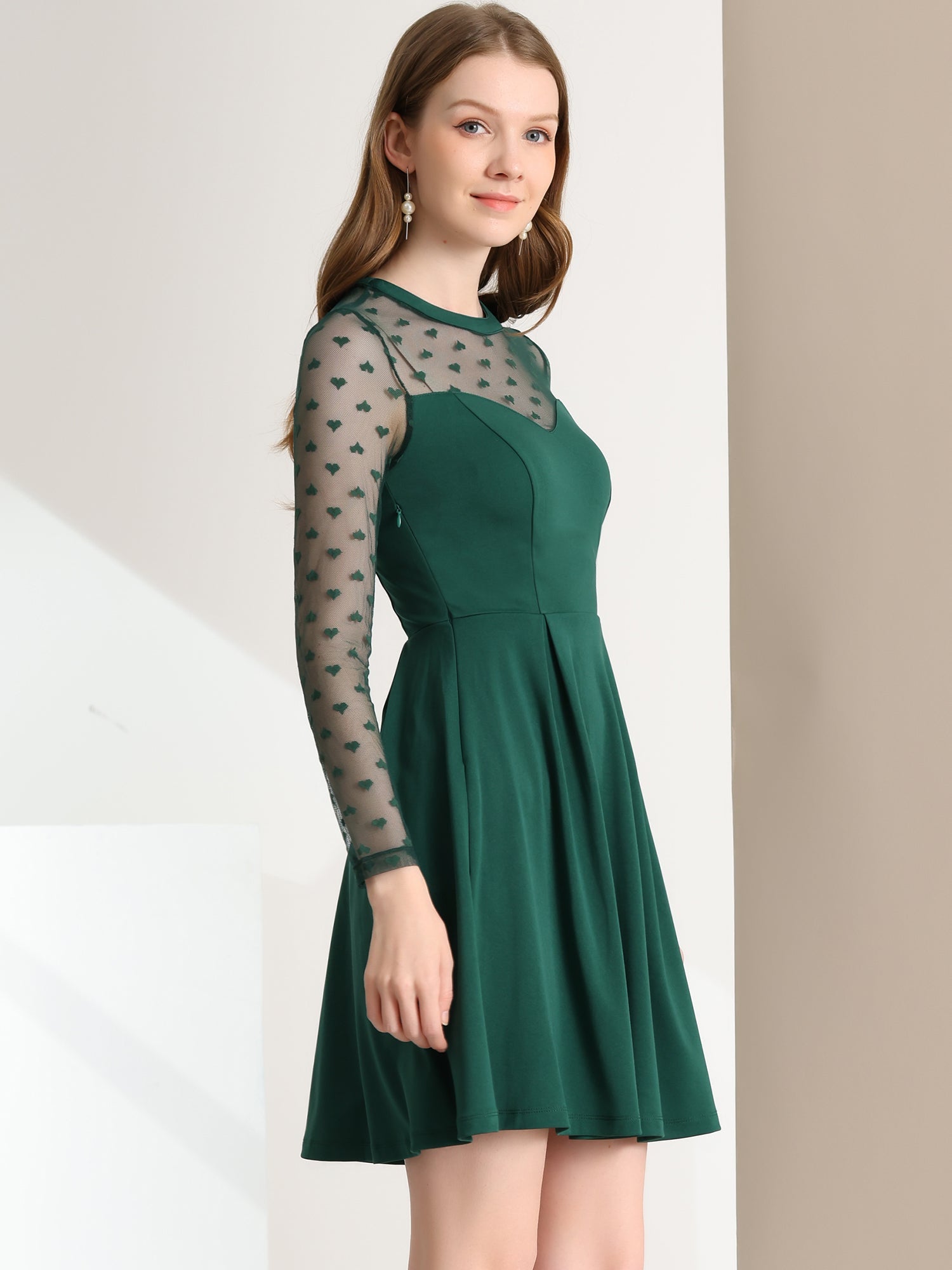 Heart Mesh Sheer Long Sleeve Gothic Cocktail Skater Mini Dress