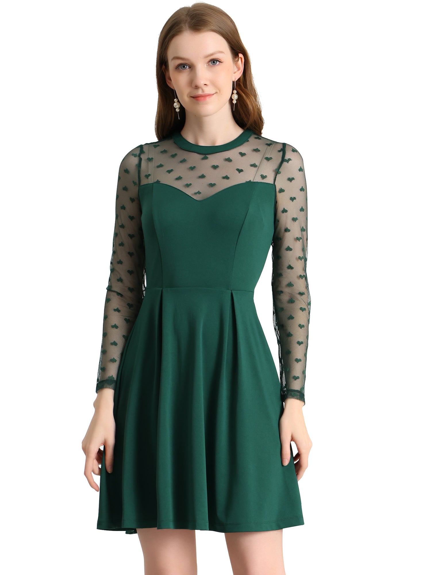 Heart Mesh Sheer Long Sleeve Gothic Cocktail Skater Mini Dress