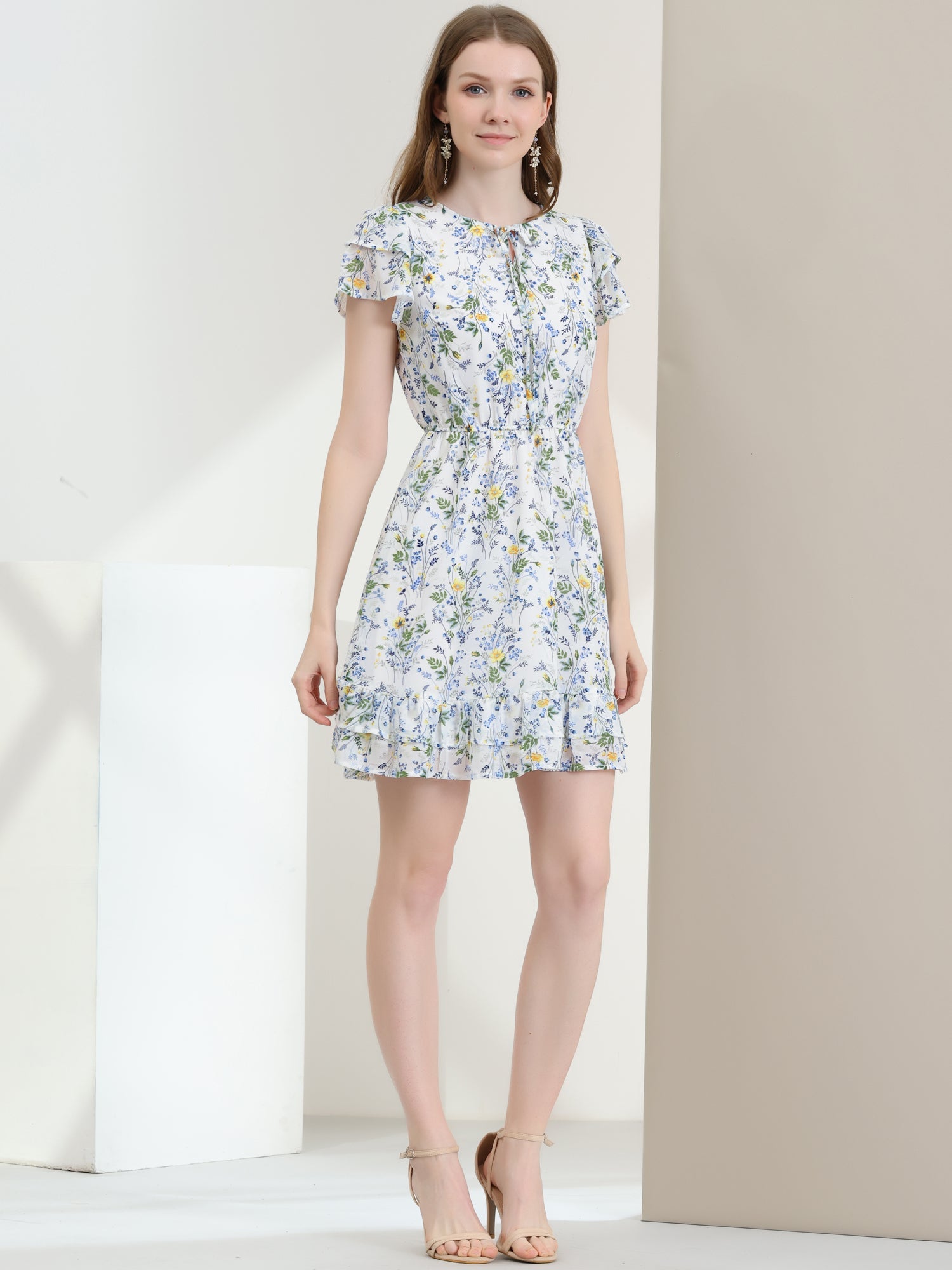 Ruffle Sleeve V Neck Above Knee A-Line Floral Chiffon Dress