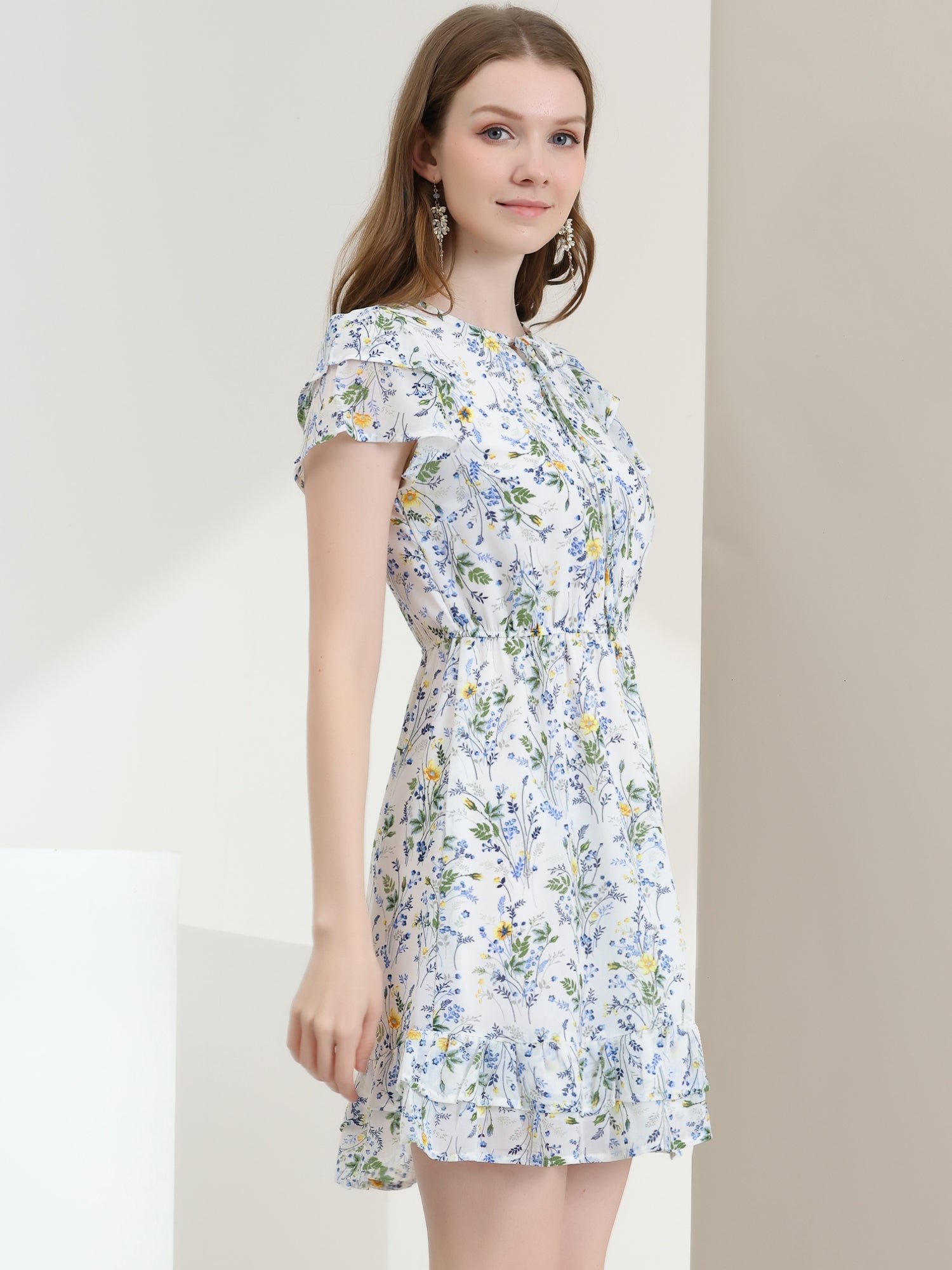 Ruffle Sleeve V Neck Above Knee A-Line Floral Chiffon Dress