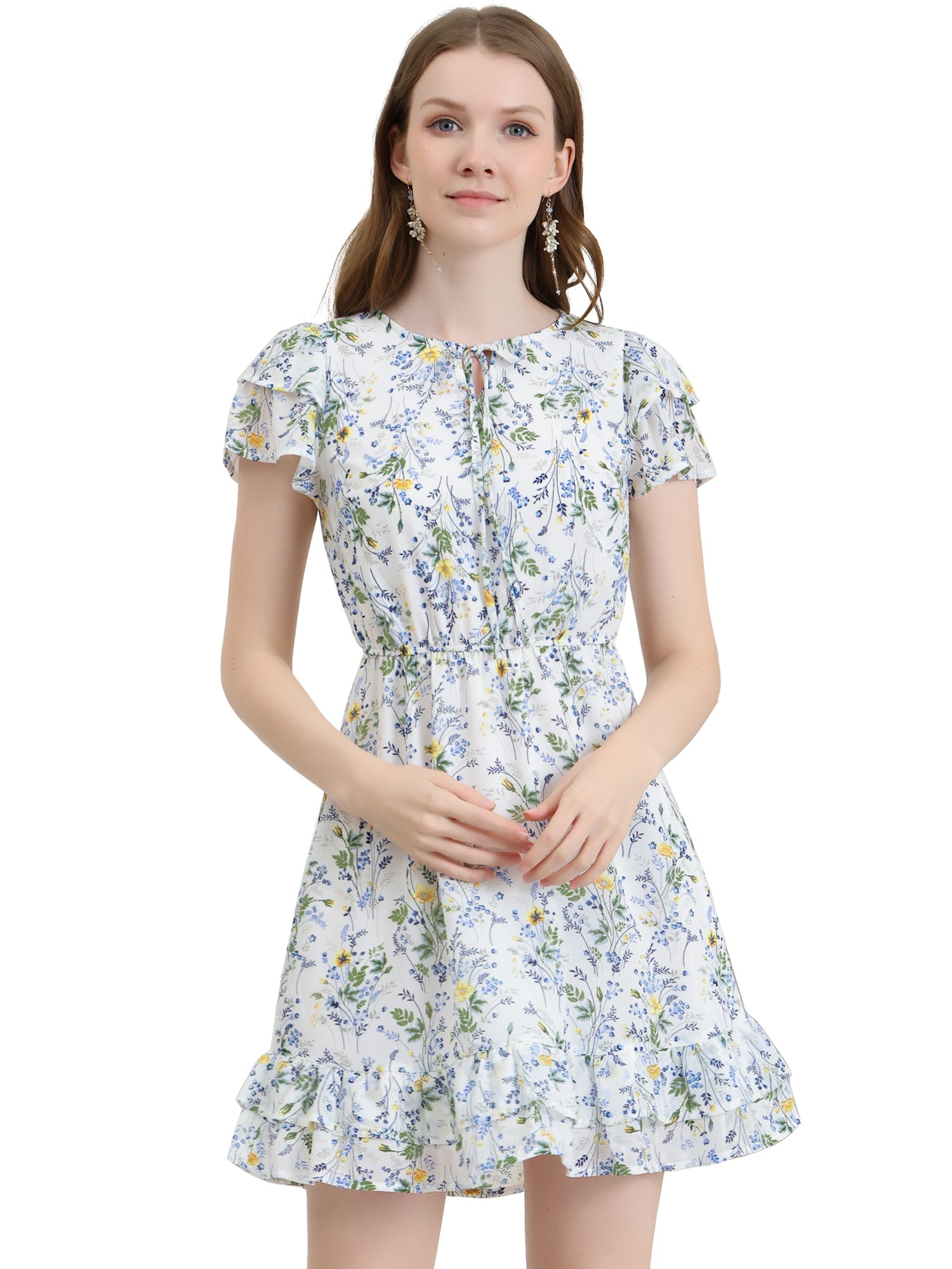 Ruffle Sleeve V Neck Above Knee A-Line Floral Chiffon Dress