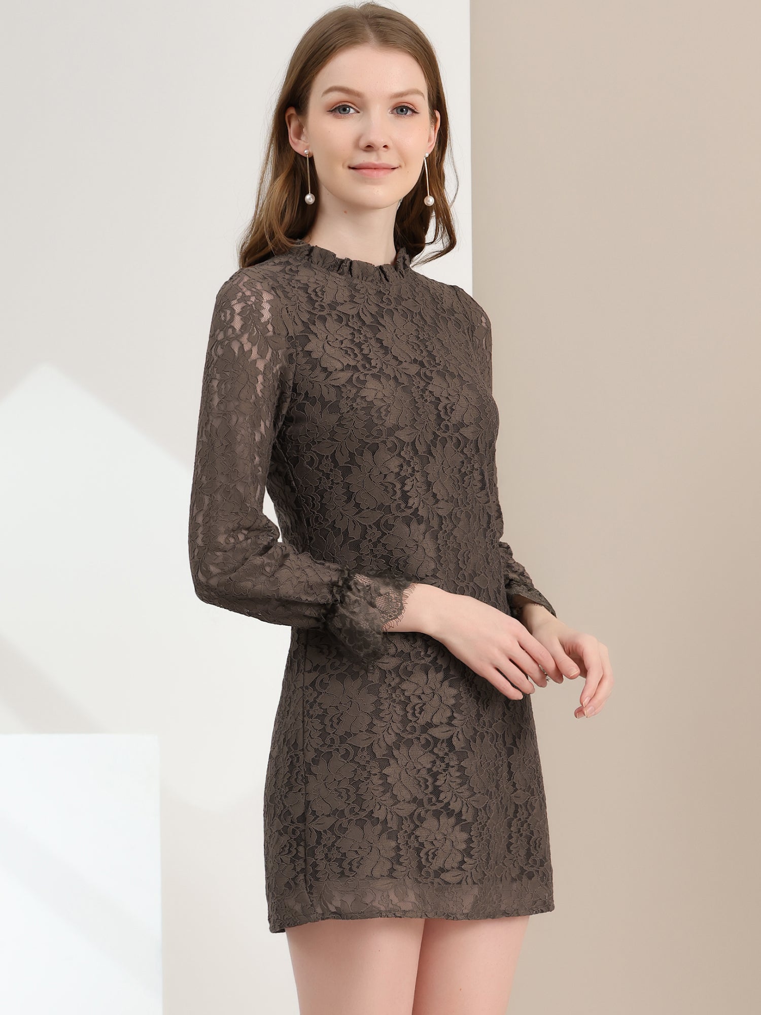 Lace Floral Ruffle Crew Neck Cocktail Mini Dress