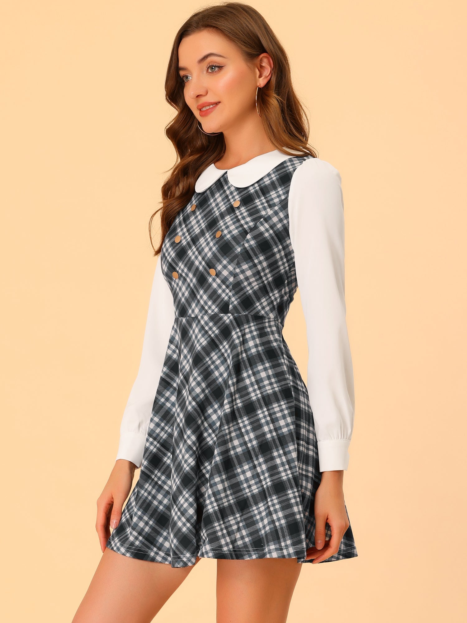 Peter Pan Collar Contrast Color Button Decor Plaid Dress