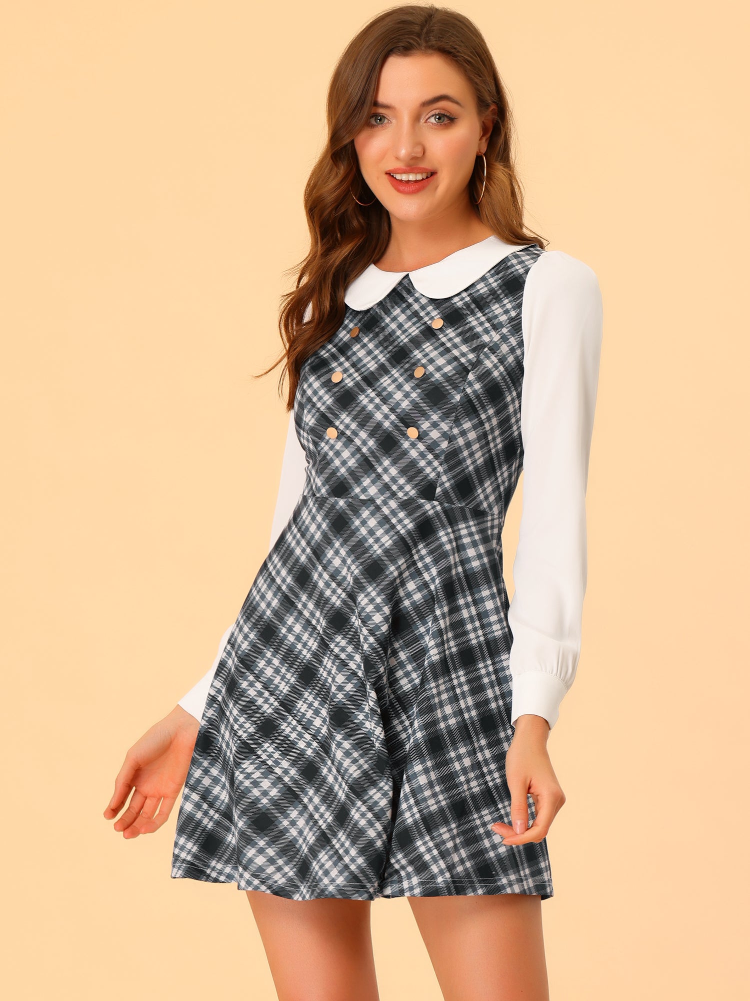 Peter Pan Collar Contrast Color Button Decor Plaid Dress