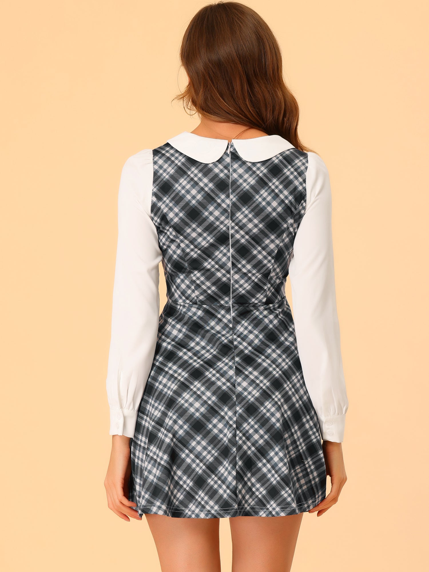 Peter Pan Collar Contrast Color Button Decor Plaid Dress