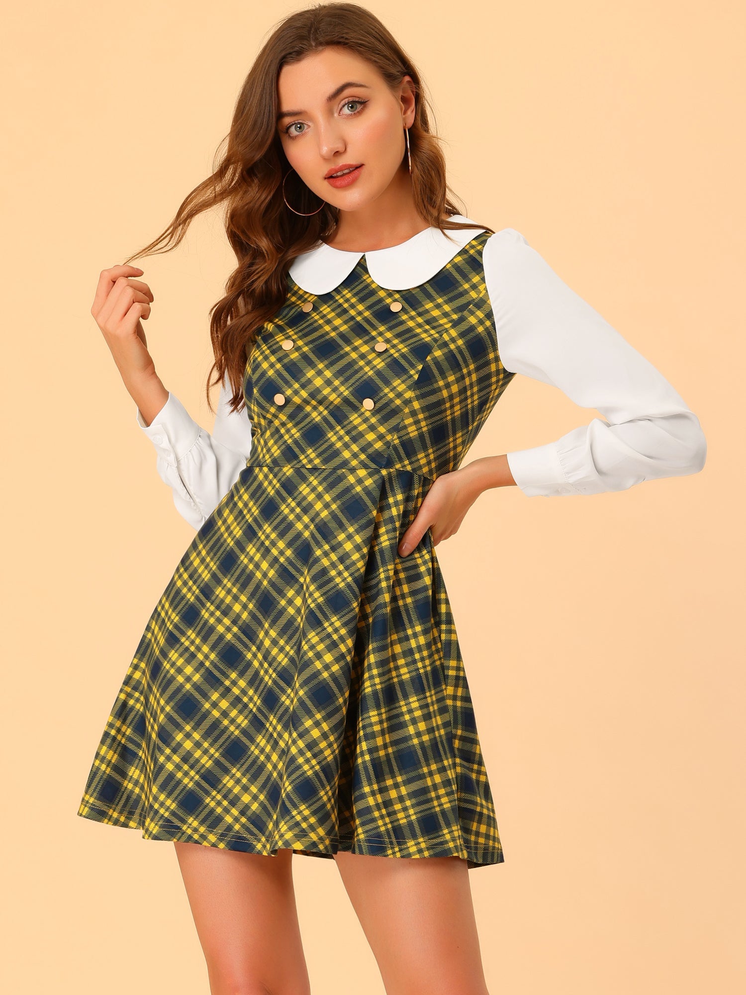 Peter Pan Collar Contrast Color Button Decor Plaid Dress