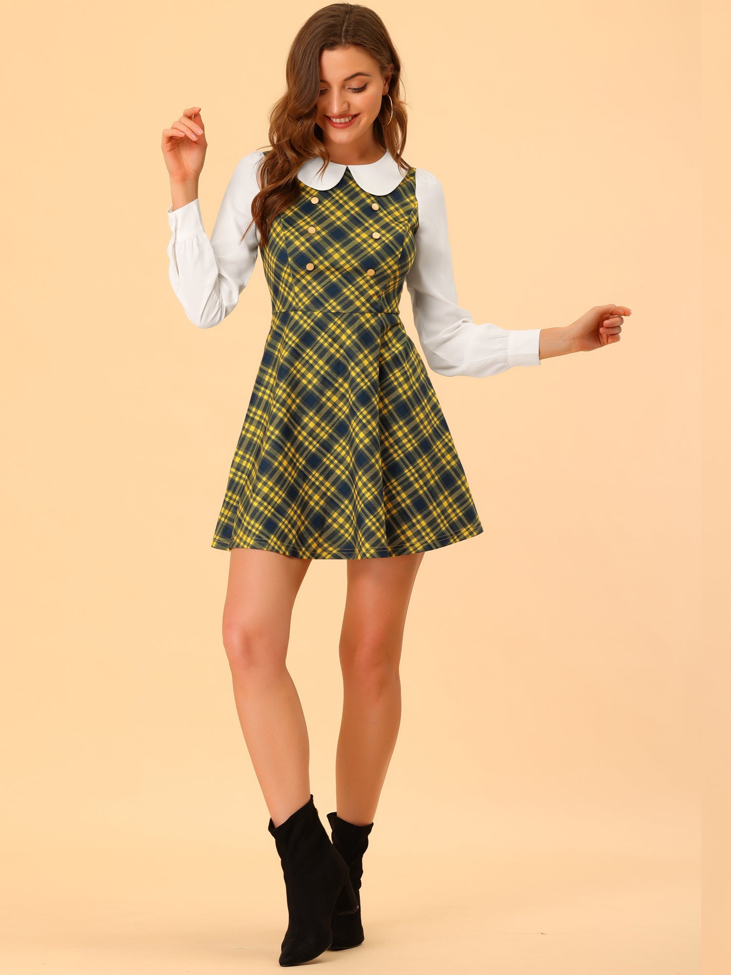 Peter Pan Collar Contrast Color Button Decor Plaid Dress