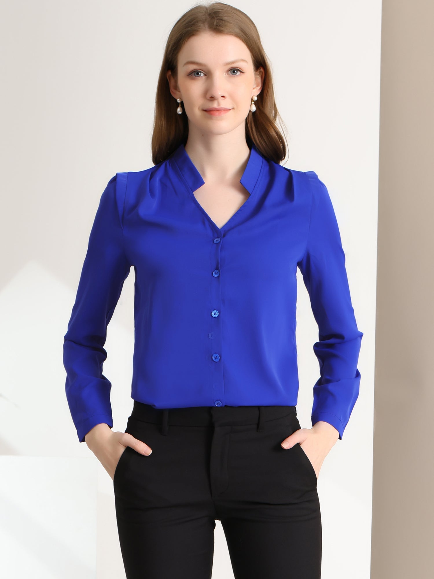 Work Office Blouse Button Up Long Sleeve V Neck Chiffon Shirt