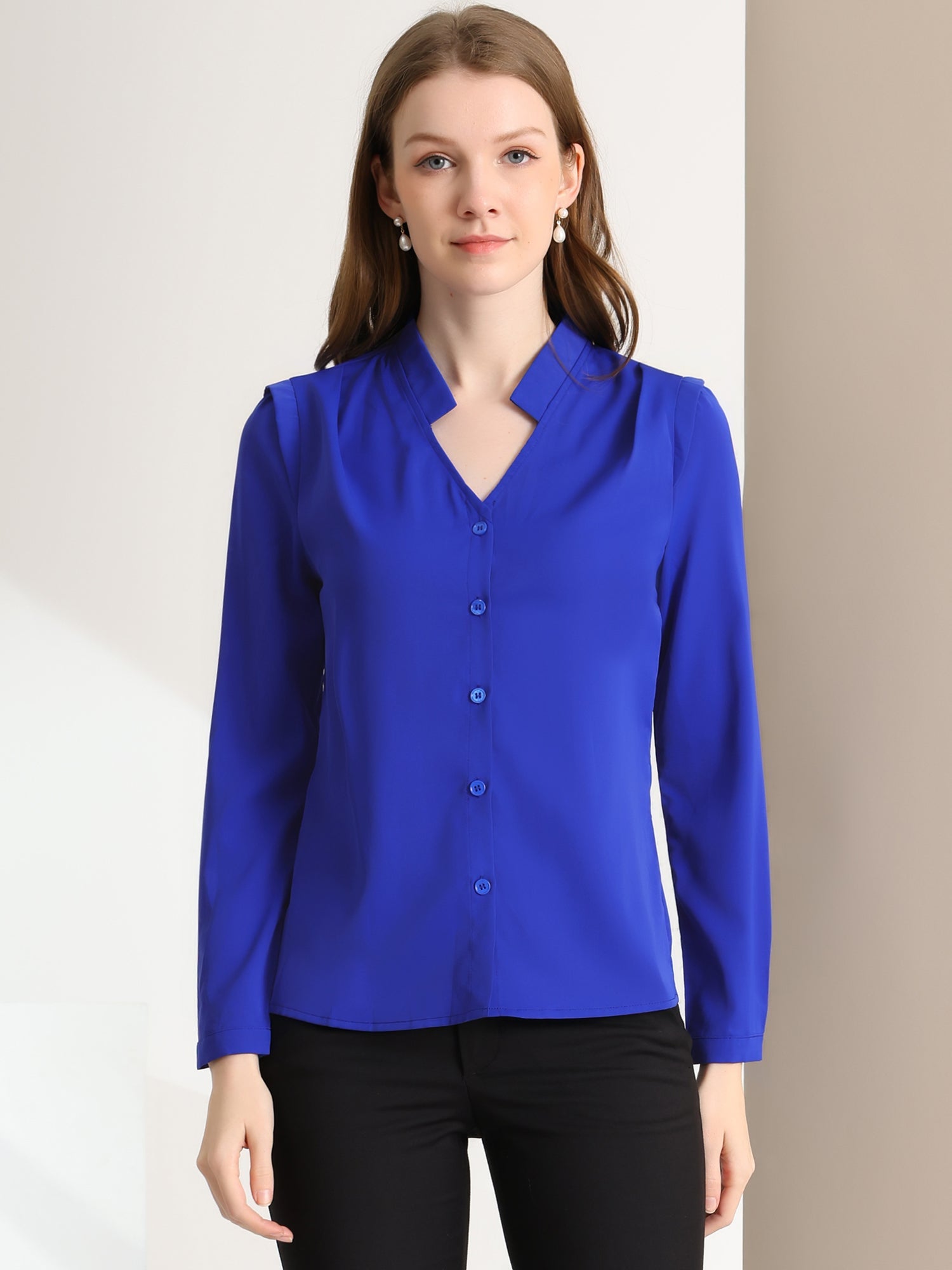 Work Office Blouse Button Up Long Sleeve V Neck Chiffon Shirt