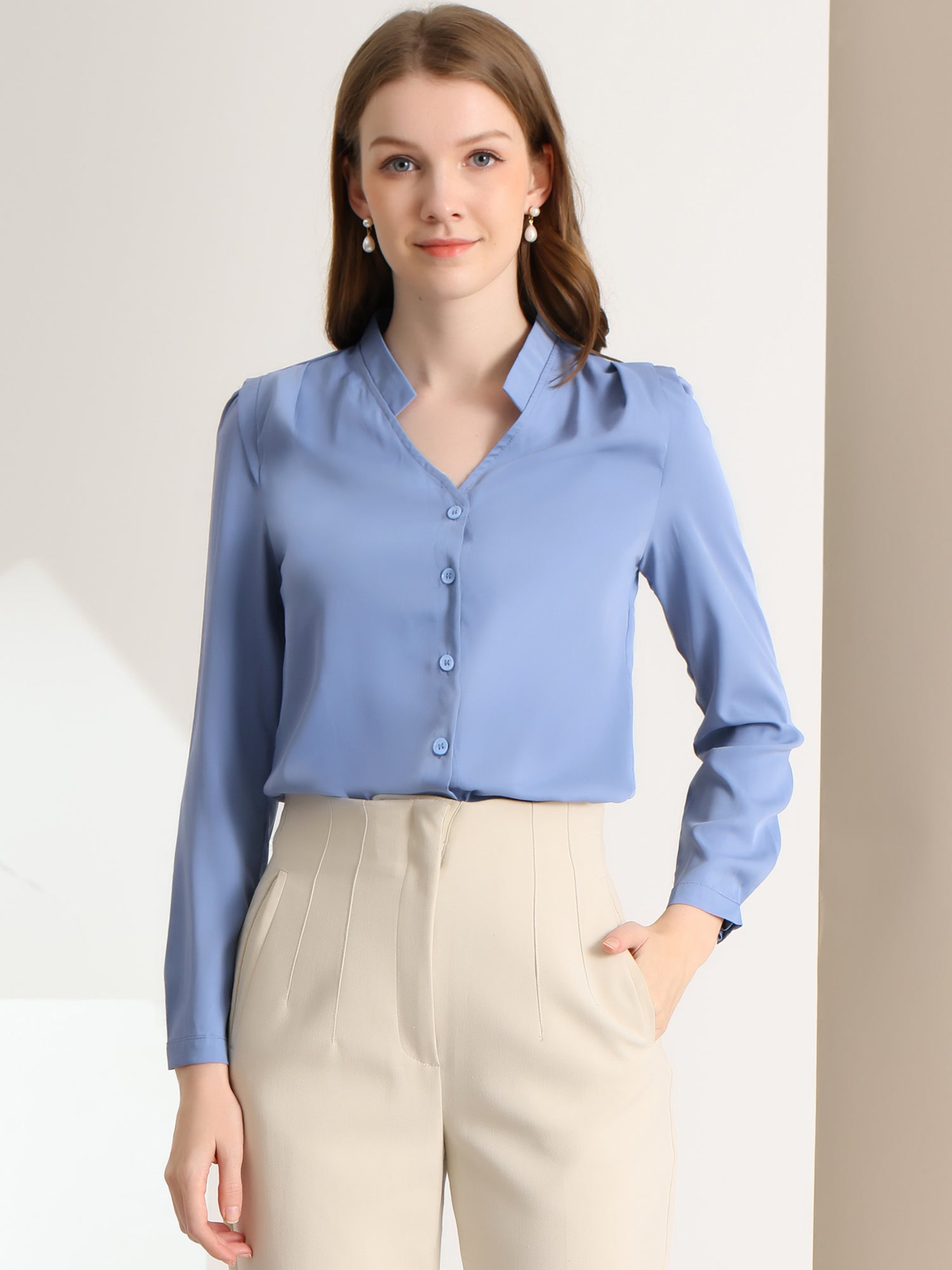 Work Office Blouse Button Up Long Sleeve V Neck Chiffon Shirt
