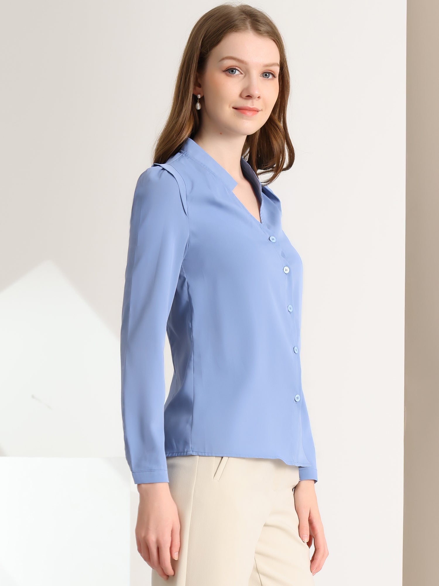 Work Office Blouse Button Up Long Sleeve V Neck Chiffon Shirt