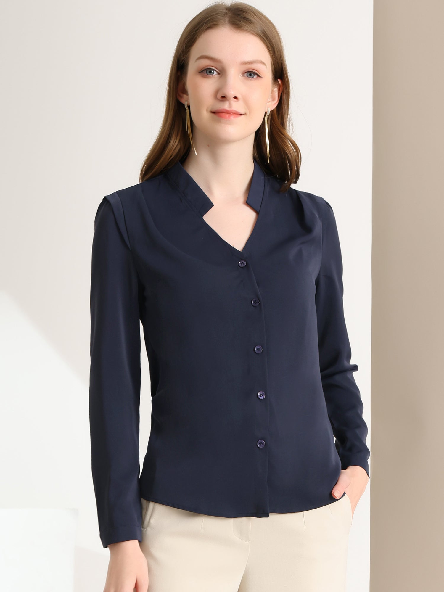 Work Office Blouse Button Up Long Sleeve V Neck Chiffon Shirt