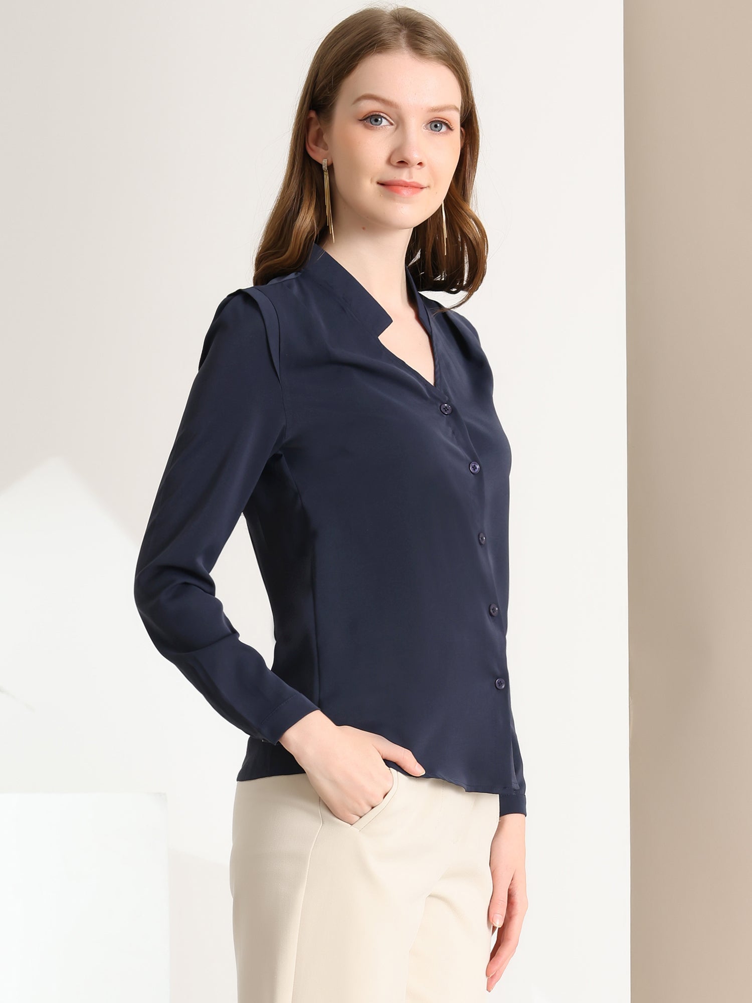 Work Office Blouse Button Up Long Sleeve V Neck Chiffon Shirt