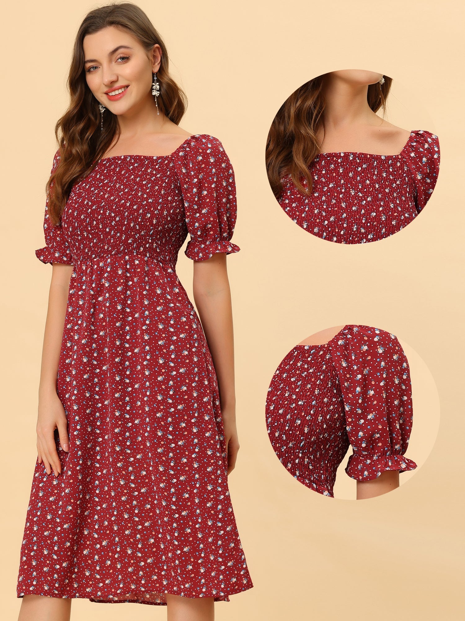 Square Neck Puff Sleeve Shirred Floral Casual Midi Dress