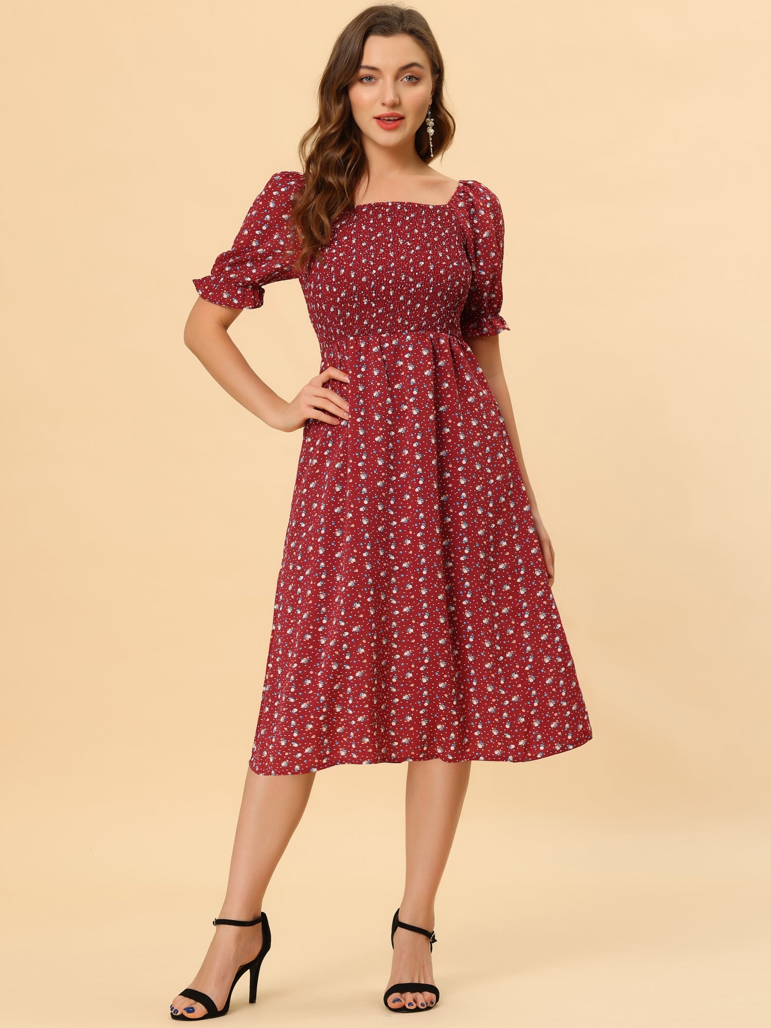 Square Neck Puff Sleeve Shirred Floral Casual Midi Dress