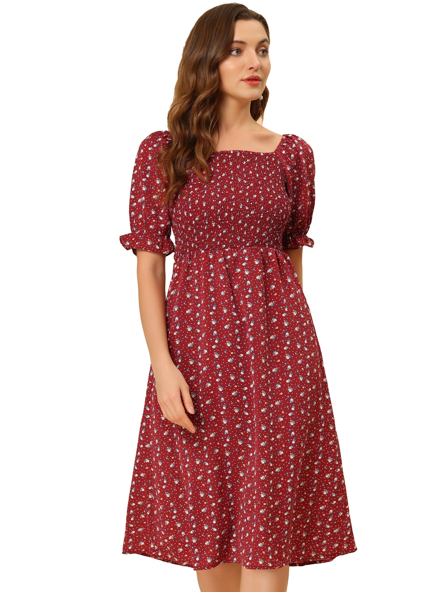 Square Neck Puff Sleeve Shirred Floral Casual Midi Dress